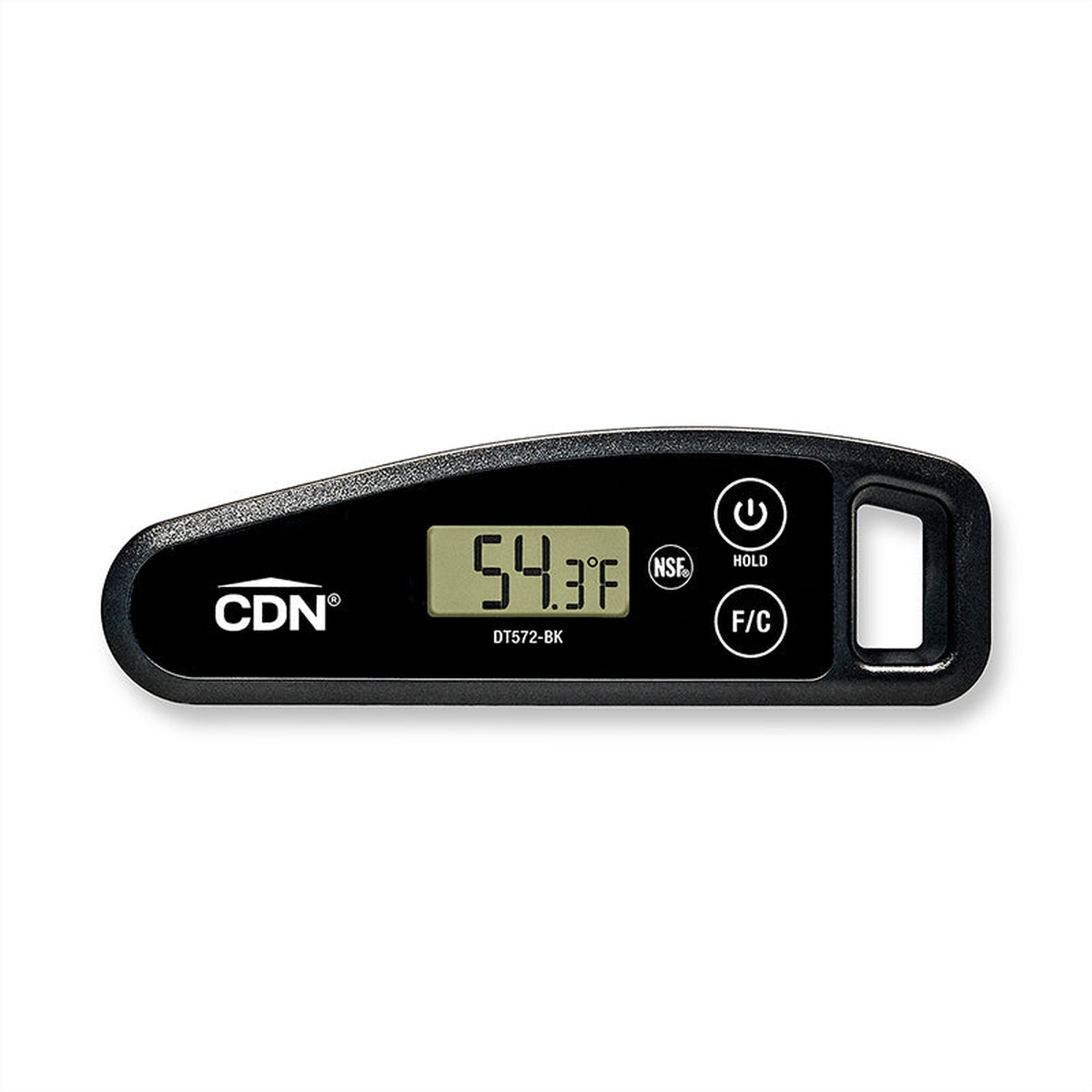 CDN digital folding thermometer front view with probe folded closed showing large LCD display and control buttons