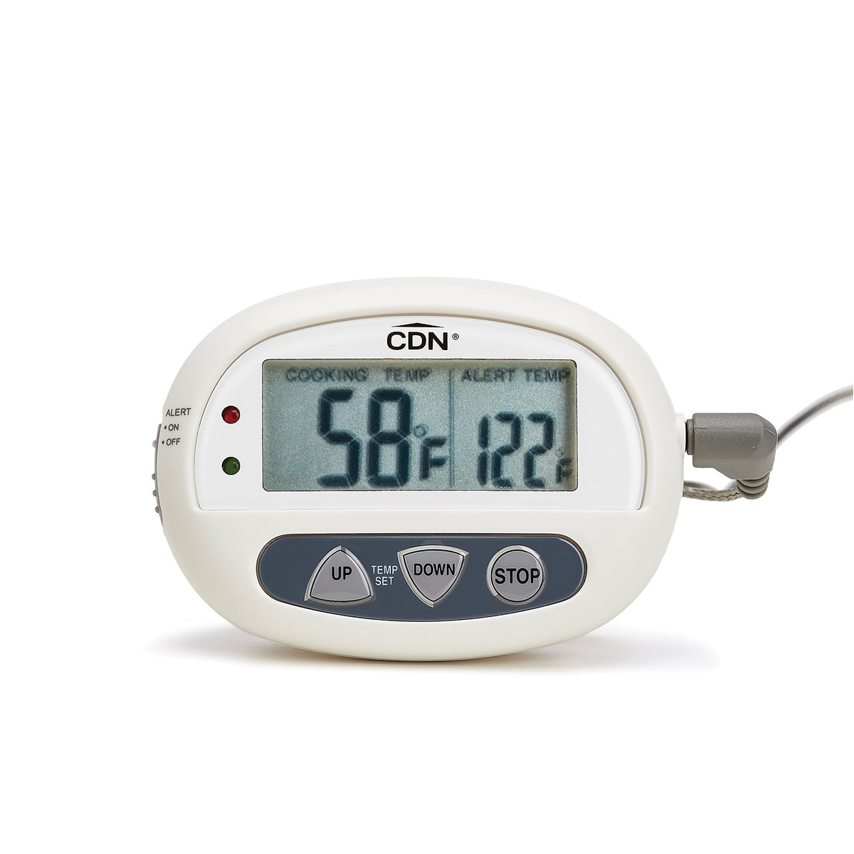 Front view of CDN DTP392 showing dual-progress digital display with Cooking Temp and Alert Temp readouts and UP, TEMP SET, DOWN, and STOP buttons