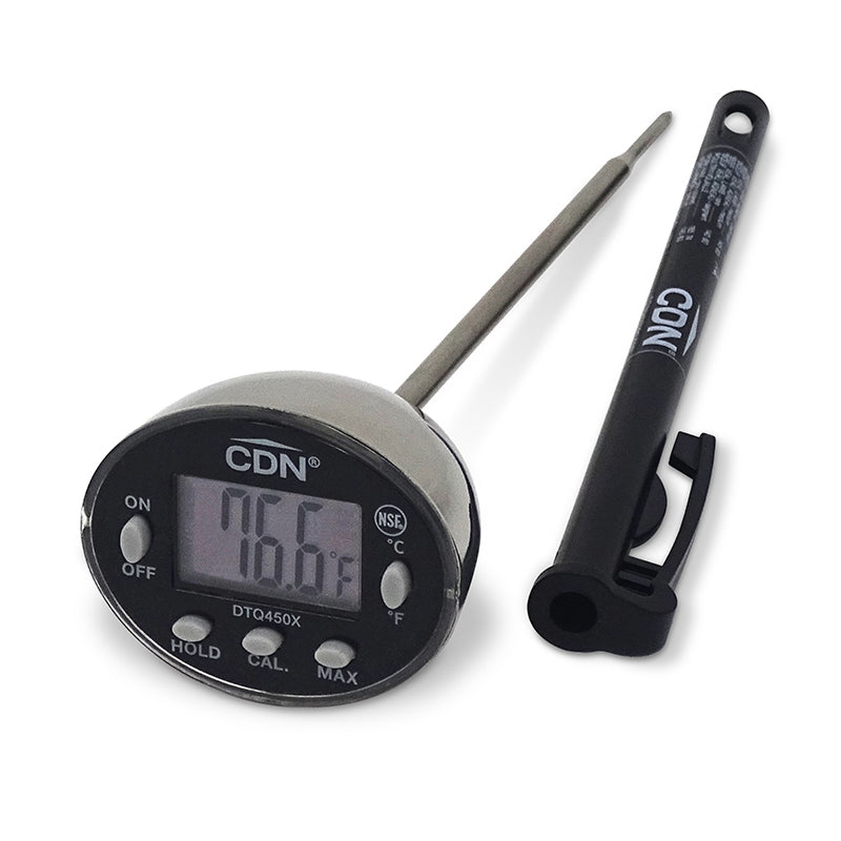 CDN DTQ450X thermometer with stainless steel probe and black protective sleeve shown from an angle on white background, displaying temperature reading on LCD