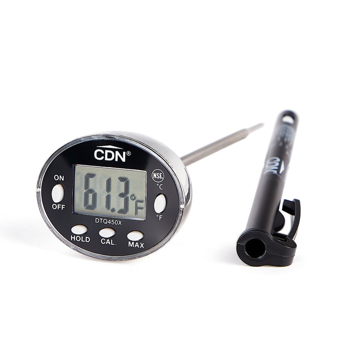 CDN DTQ450X digital pocket thermometer with stainless steel probe and black protective sleeve, front face showing LCD display, HOLD, CAL, and MAX buttons on white background