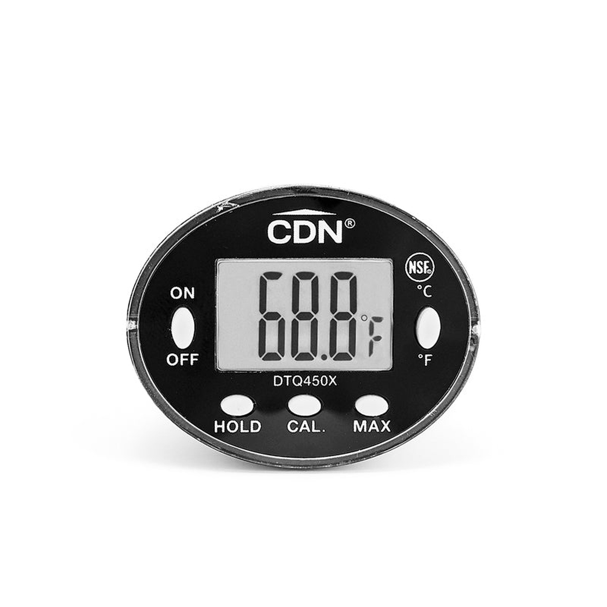 Close-up front face view of CDN DTQ450X thermometer showing large LCD display reading 68.8°F and clearly labeled ON/OFF, HOLD, CAL, and MAX buttons with NSF certification mark on white background