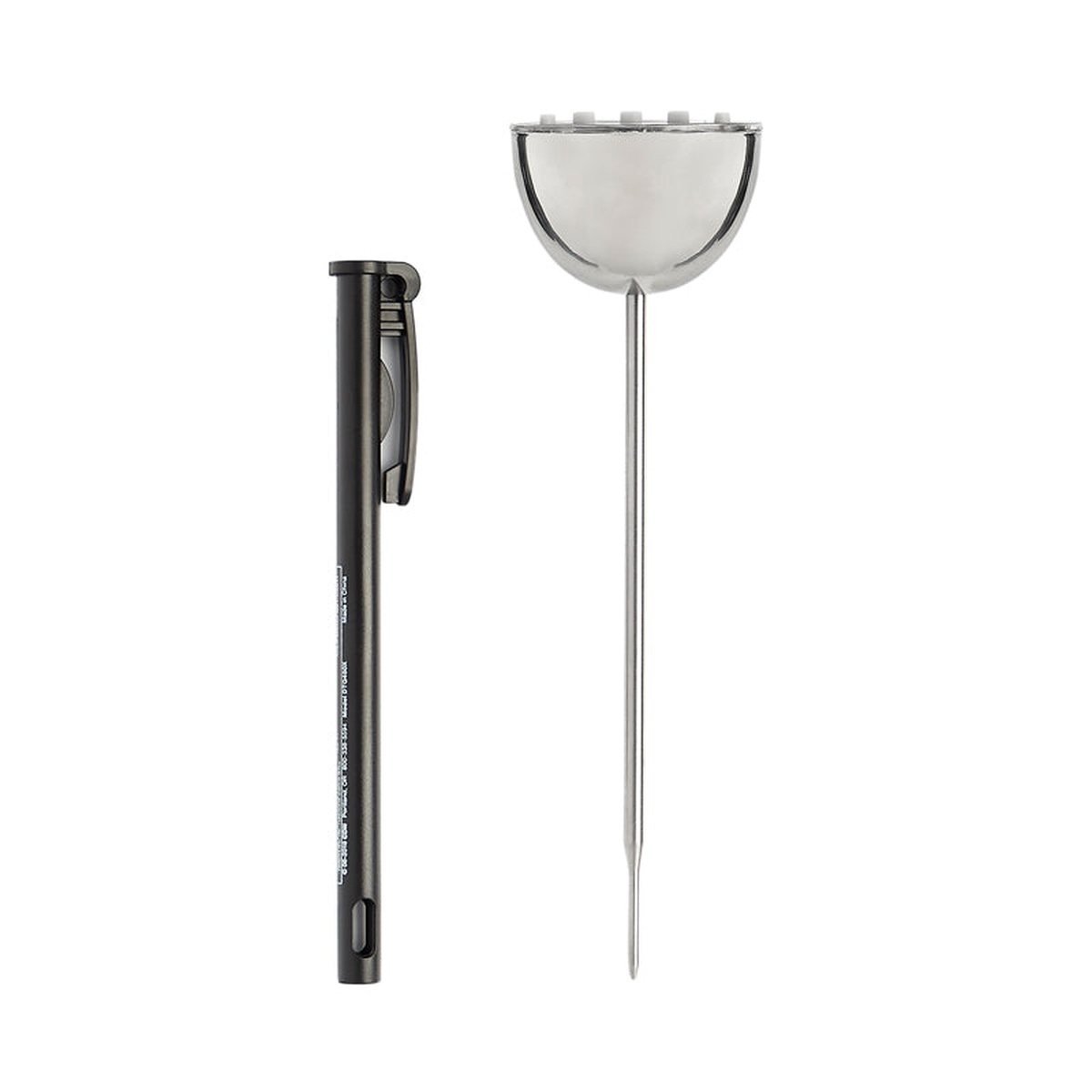 CDN DTQ450X thermometer disassembled view showing black protective sleeve with pocket clip alongside the stainless steel probe head and thin pointed stem on white background