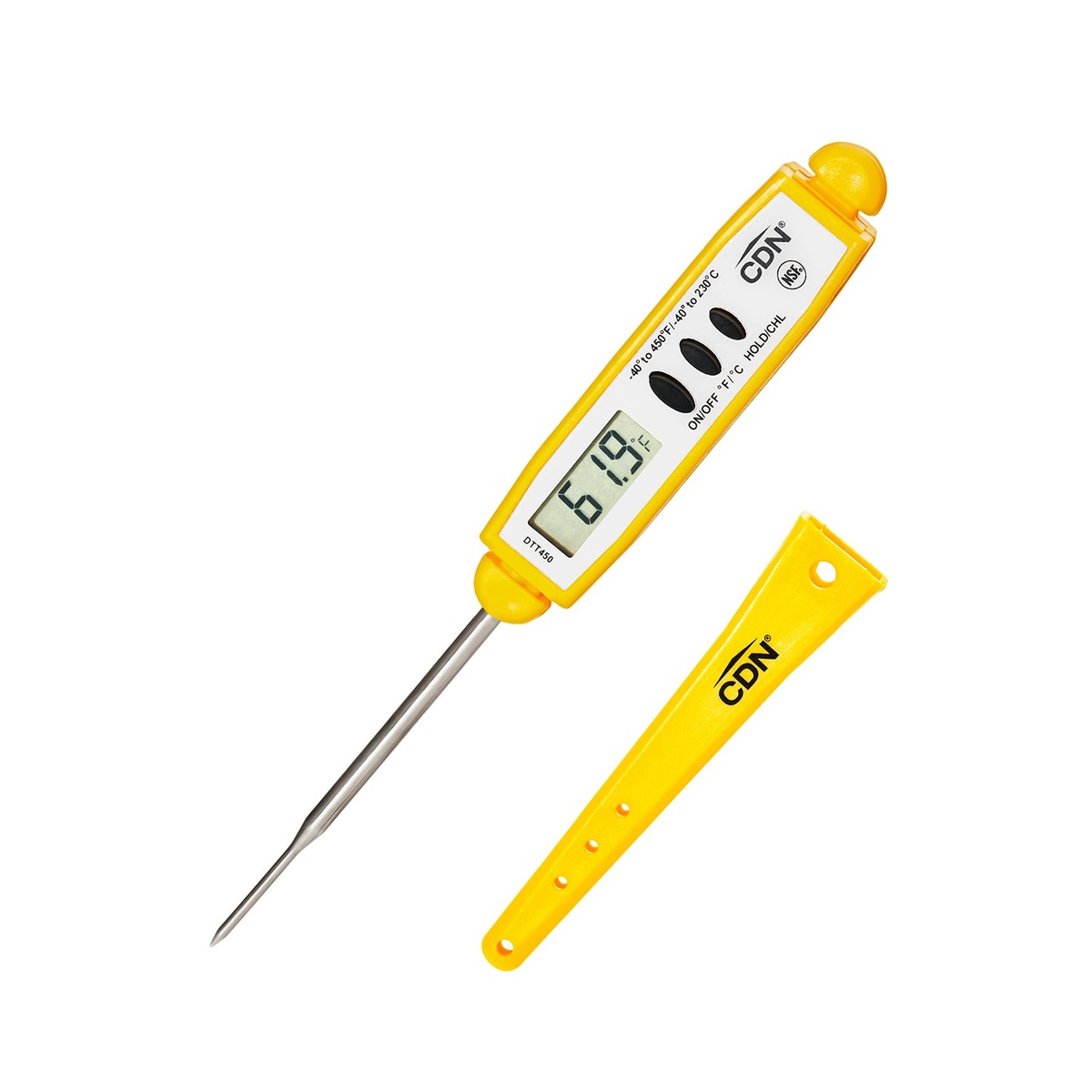 CDN DTT450 yellow pocket thermometer with stainless probe and yellow protective sheath