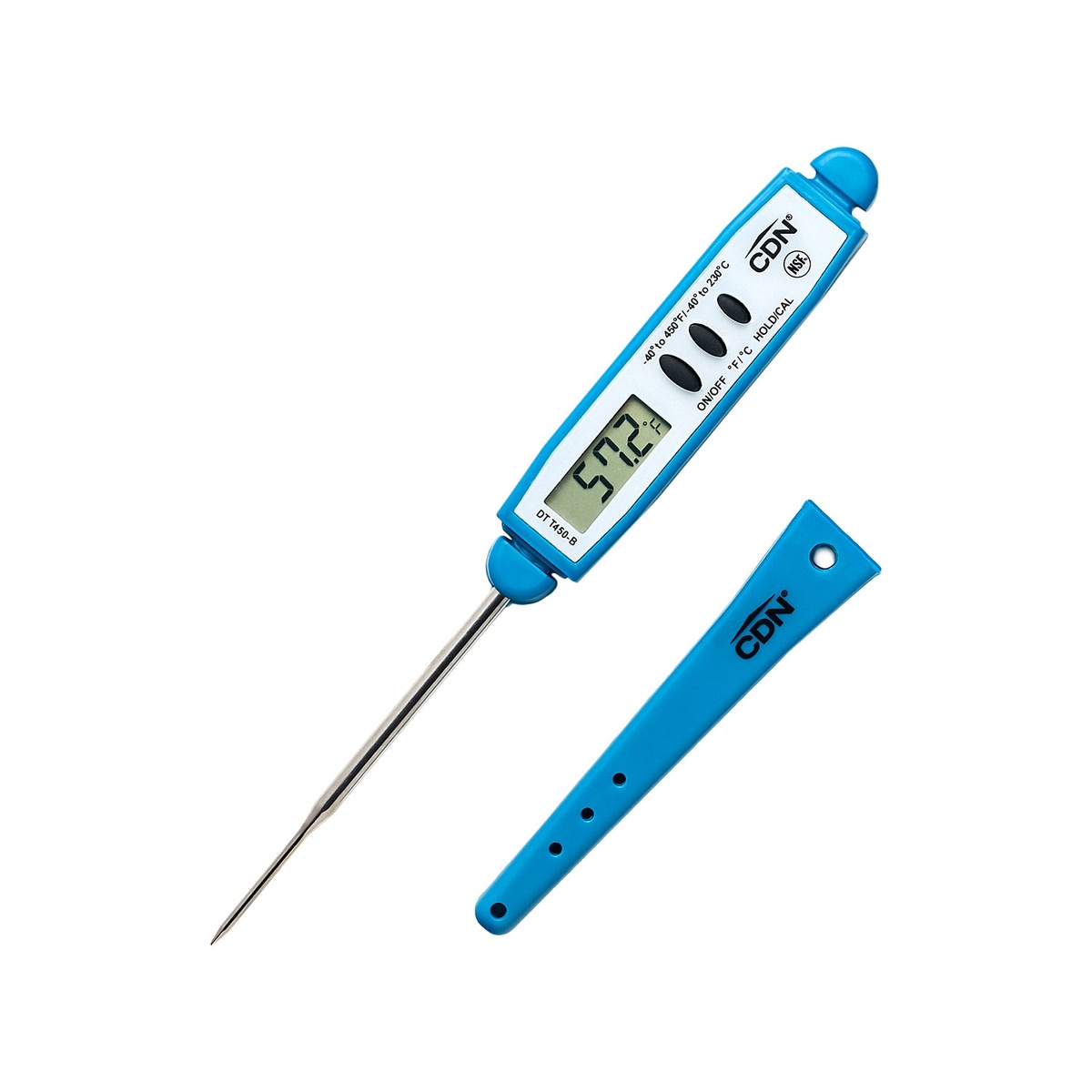 CDN DTT450-B blue pocket thermometer with stainless steel probe and matching blue protective probe sheath