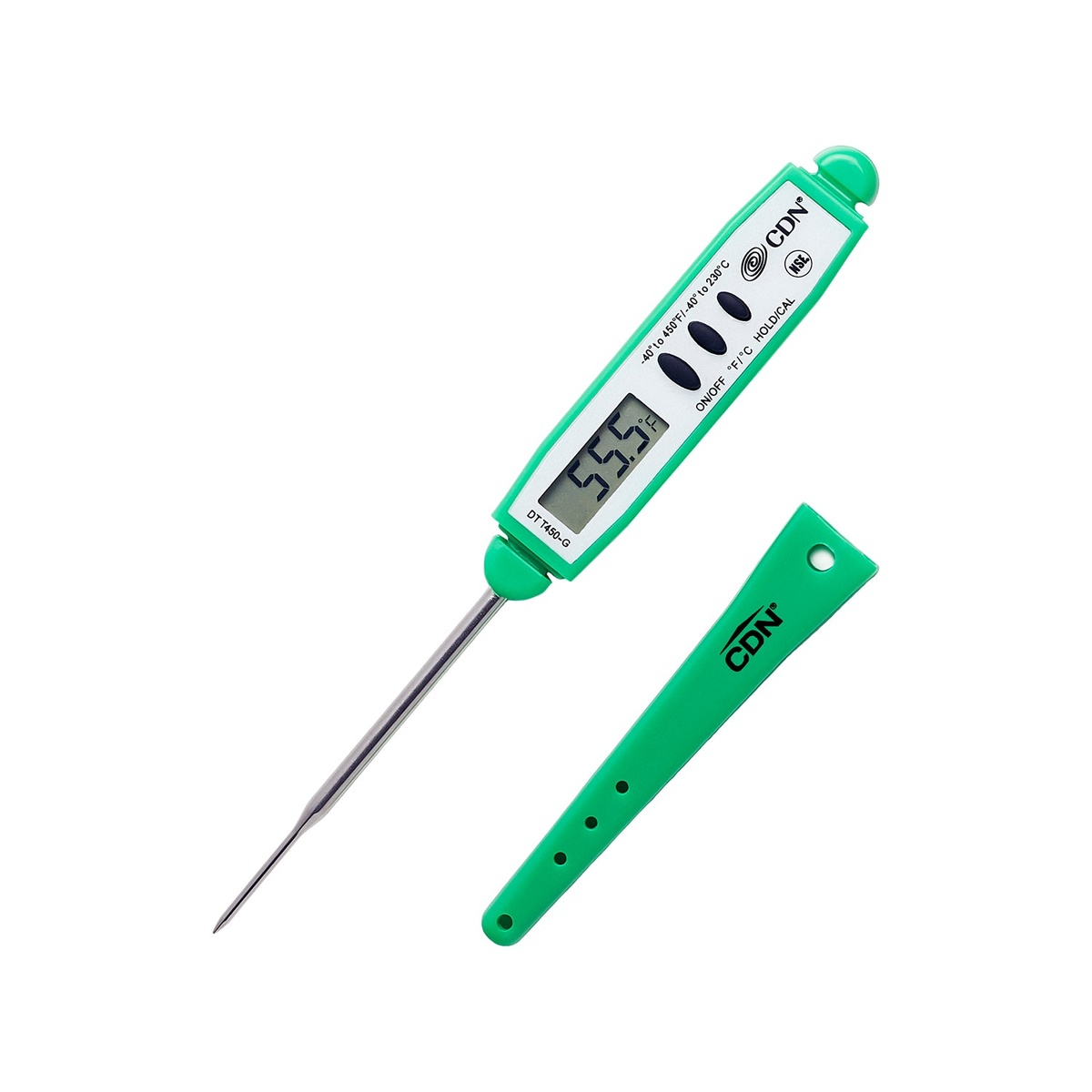 CDN DTT450-G green digital thin tip pocket thermometer with protective sheath, showing LCD display reading 55.5°F