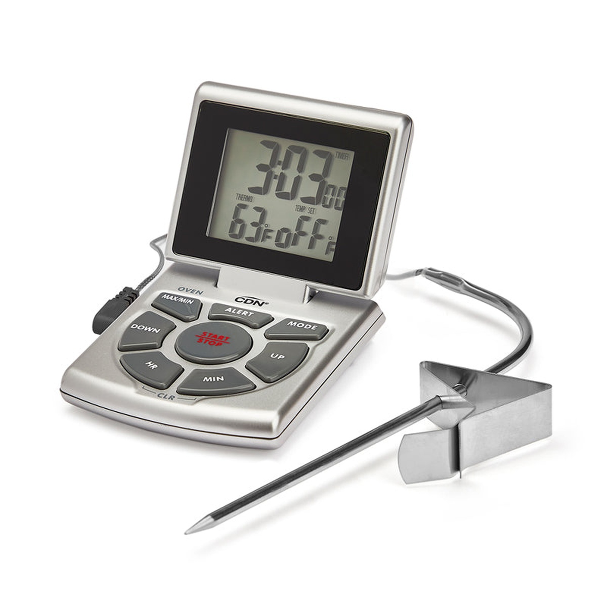 CDN DTTC-S combo probe thermometer with stainless steel probe, clip, and tilted display on white background