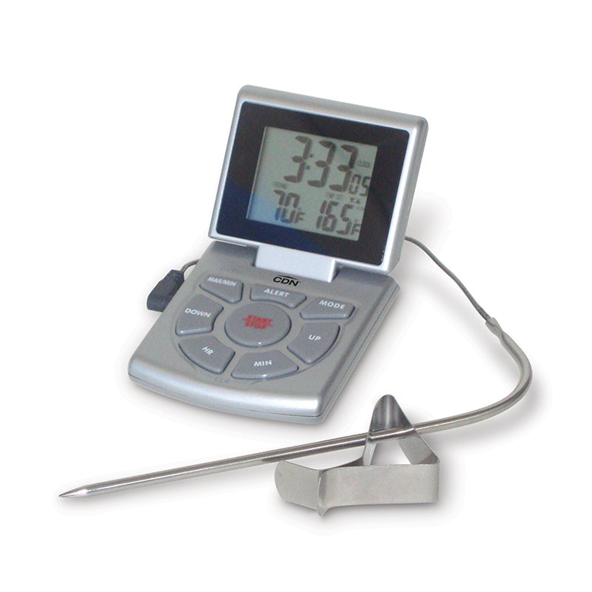 CDN DTTC-S silver probe thermometer with stainless steel probe, cable, and stainless clip on white background