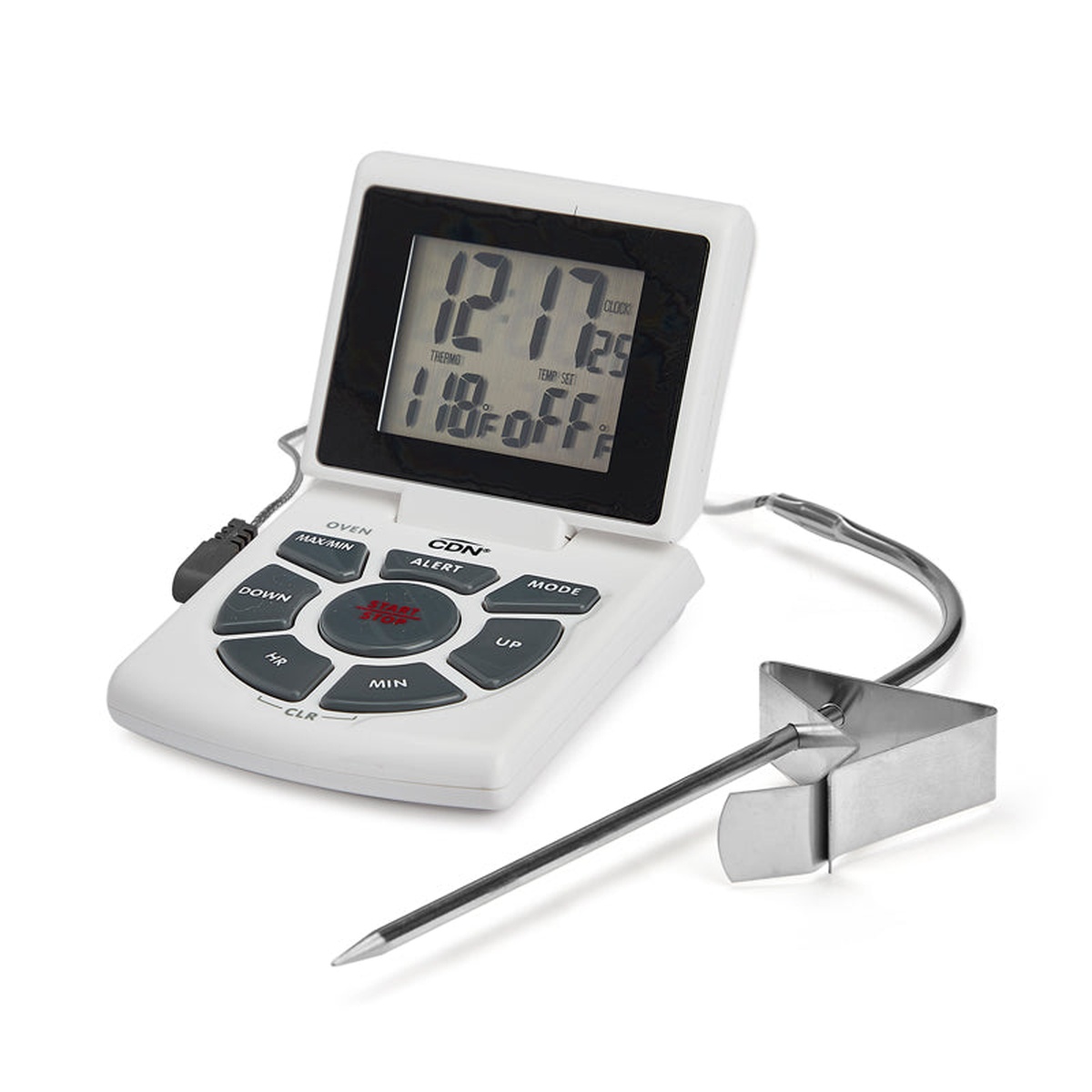 CDN DTTC-W white combo probe thermometer with stainless steel probe, adjustable pan clip, and large digital display showing clock, thermometer, and temp-set readings