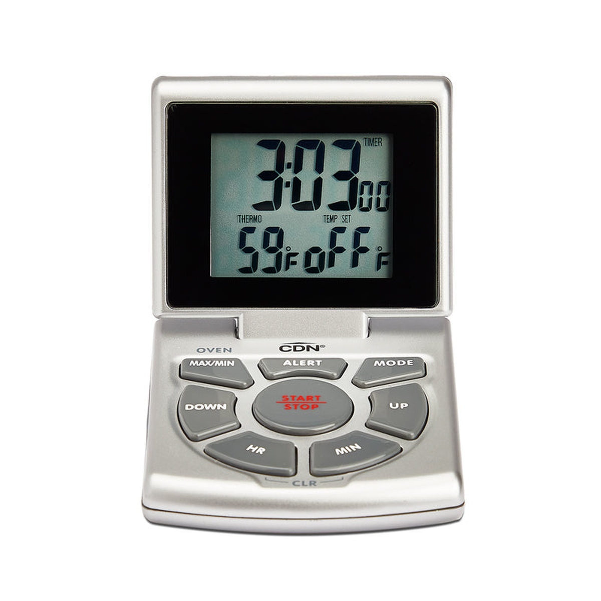 CDN DTTC combo thermometer front view showing large digital display with timer, thermometer, and temperature set readouts alongside labeled MAX/MIN, ALERT, MODE, DOWN, UP, HR, MIN, START/STOP, and CLR buttons