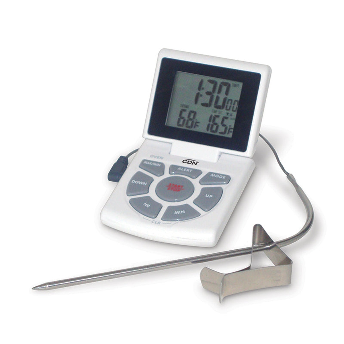 CDN DTTC-W white digital combo thermometer angled view showing dual-line display with actual and set temperature readings, probe, and adjustable stainless steel clip