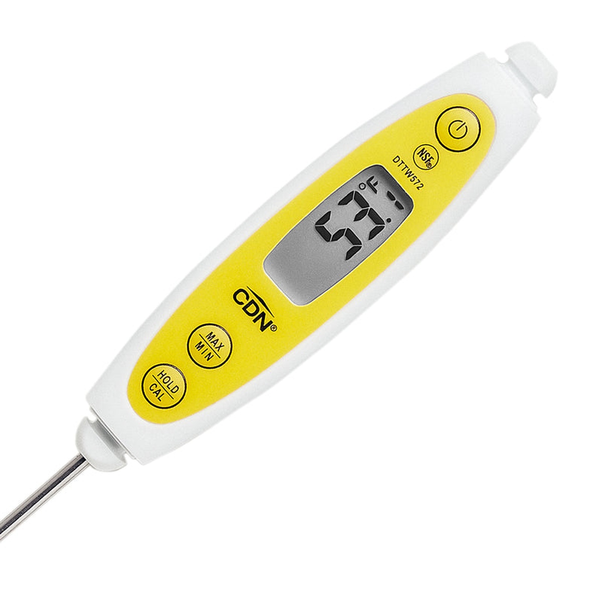 Close-up of CDN DTTW572 thermometer face showing large LCD display, NSF certification mark, MAX/MIN and HOLD/CAL buttons