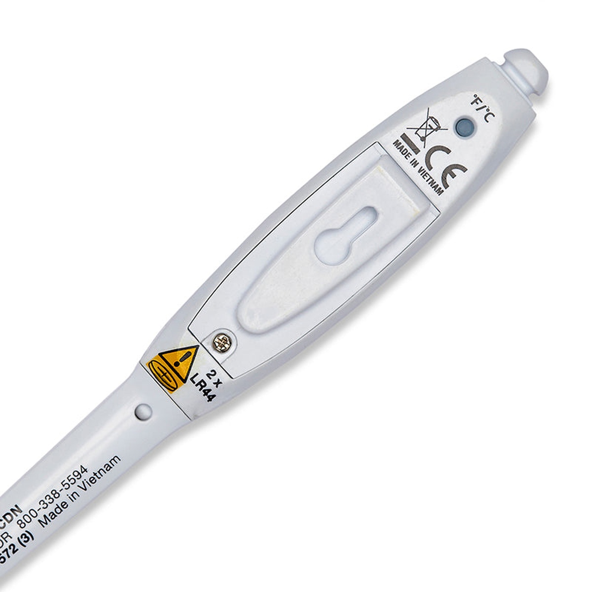 Back view of CDN DTTW572 thermometer showing battery compartment, F/C toggle button, and CE certification mark