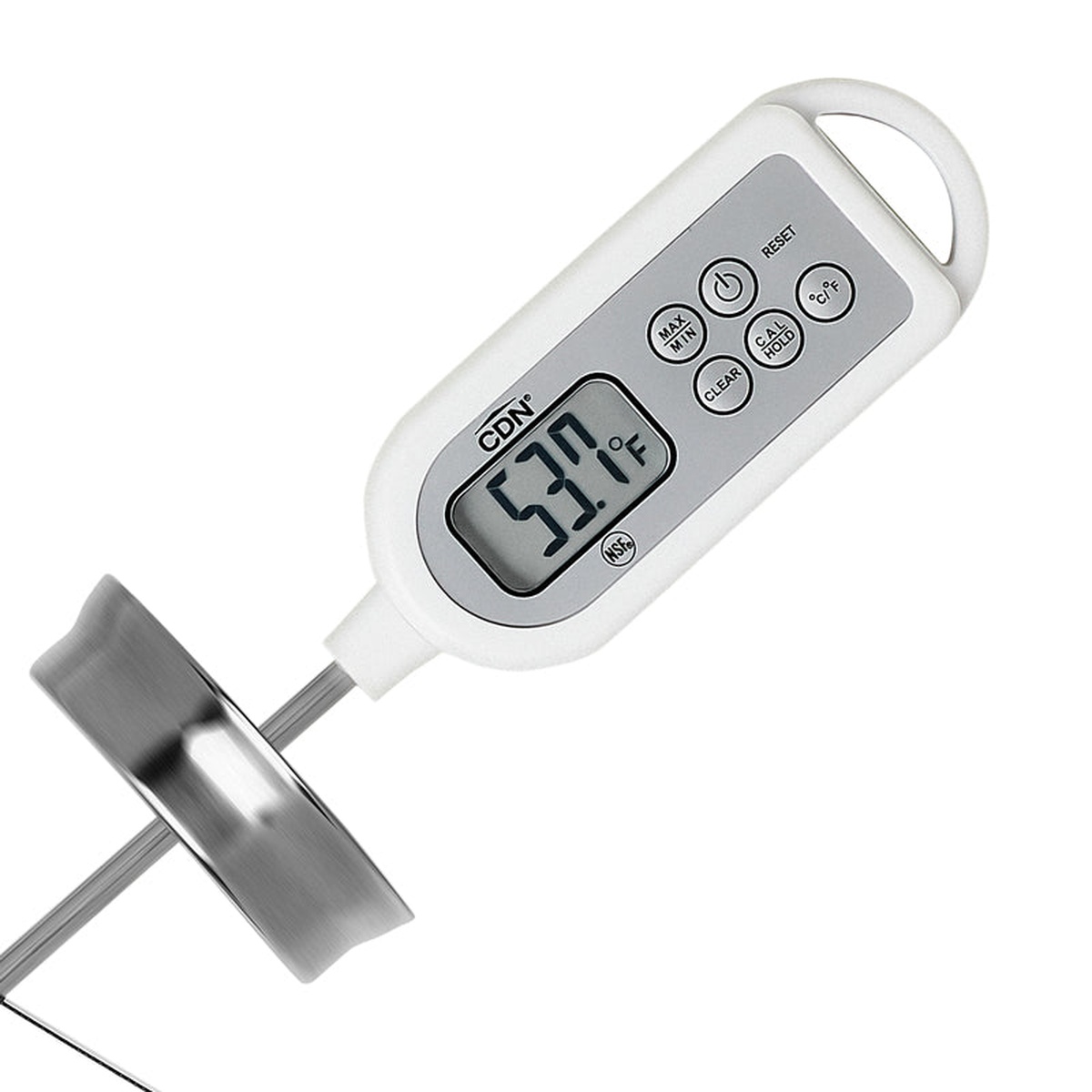 Close-up of CDN DTW450L LCD display showing 53.1 degrees F with MAX/MIN, CAL/HOLD, CLEAR, and power buttons visible alongside pan clip