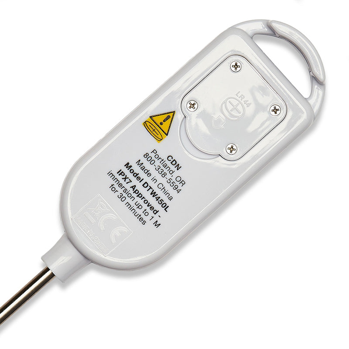 Back of CDN DTW450L thermometer showing IPX7 Approved label confirming immersion up to 1M for 30 minutes, LR44 battery compartment, and CE certification markings