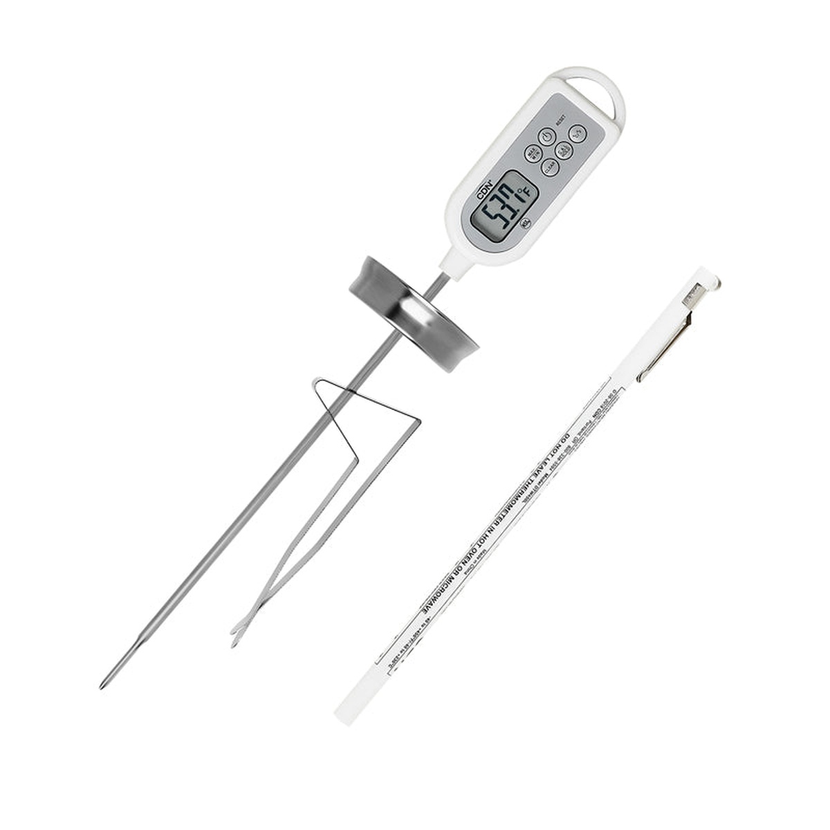 CDN DTW450L long-stem digital waterproof thermometer displayed with pan clip, heat shield, and protective storage sleeve