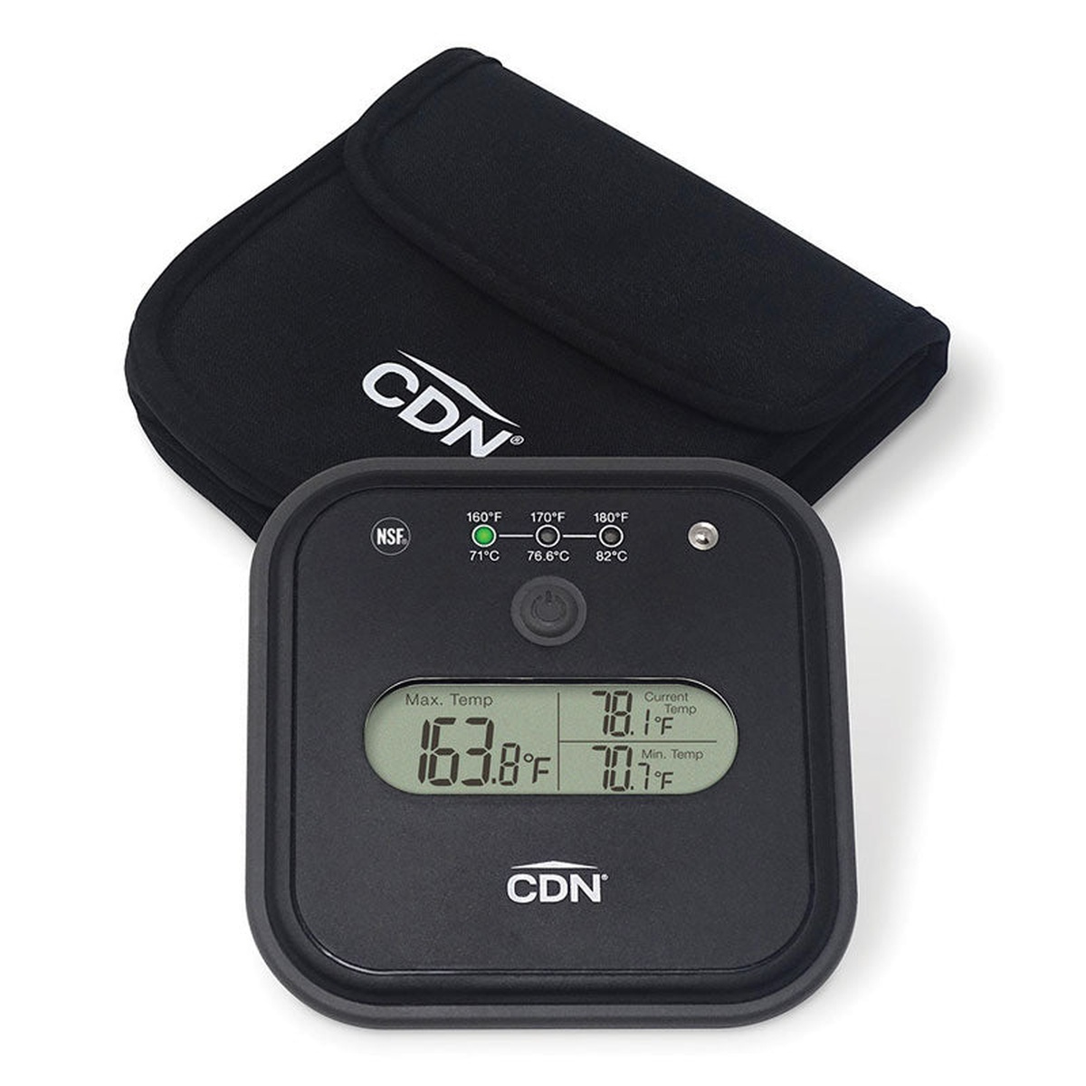 CDN DW2 Dishwasher Thermometer displayed face-up alongside its included black CDN-branded storage case