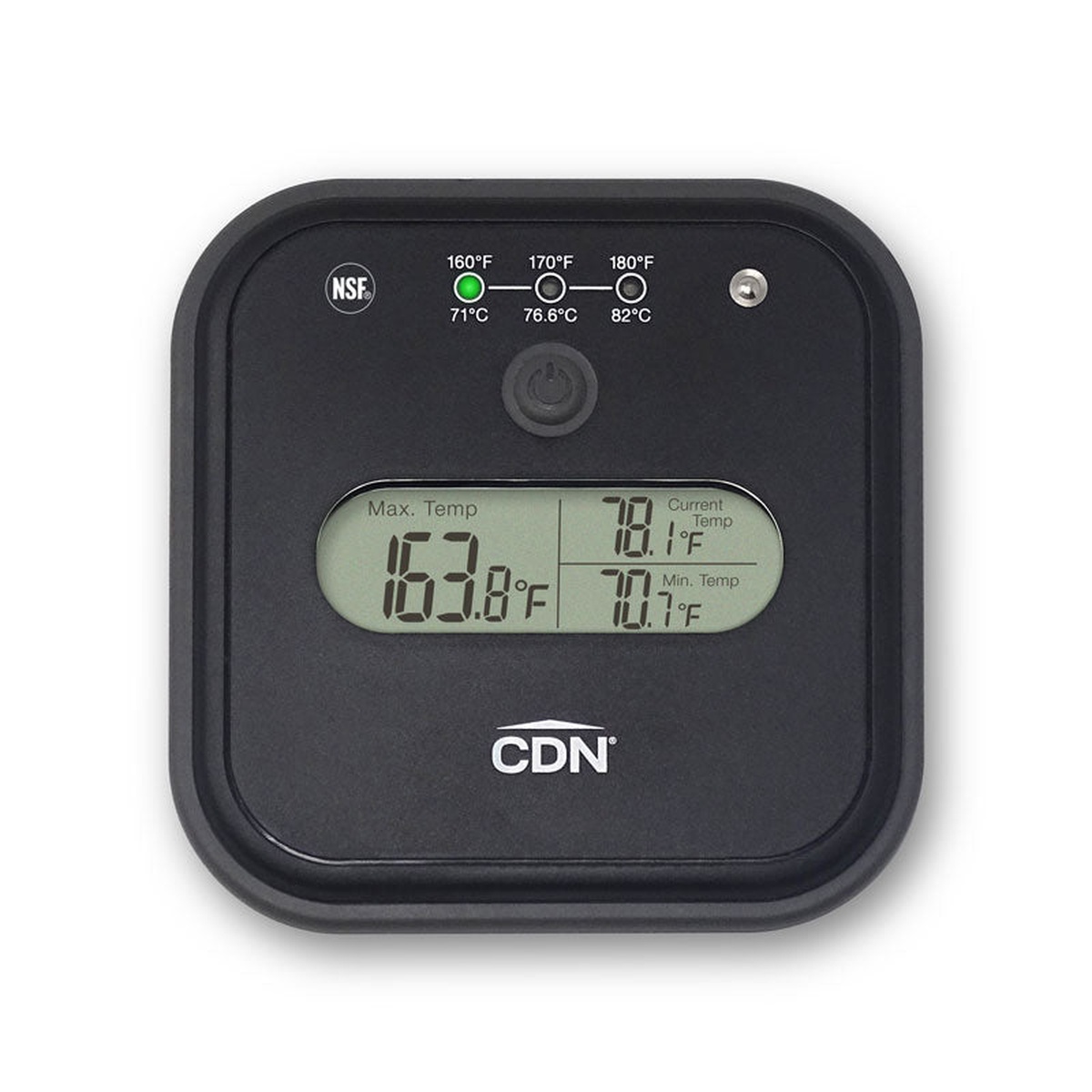 CDN DW2 Dishwasher Thermometer front face showing triple digital display with Max Temp, Current Temp, and Min Temp readings, plus LED indicator lights