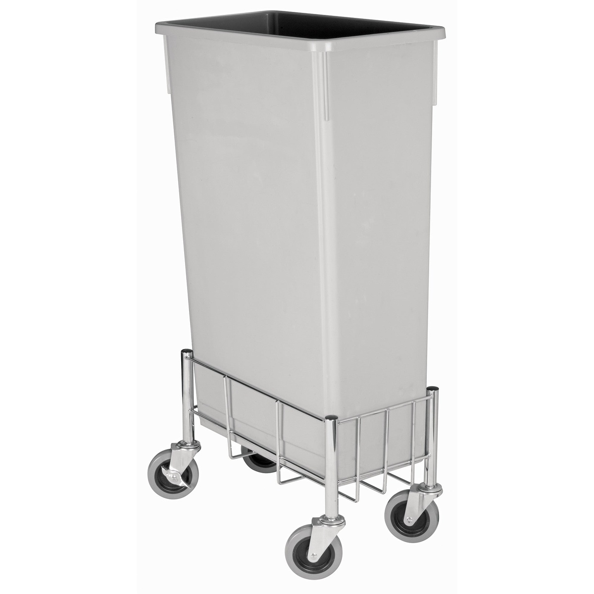 Winco DWR-1708 wire dolly shown supporting a gray 23-gallon slim trash can
