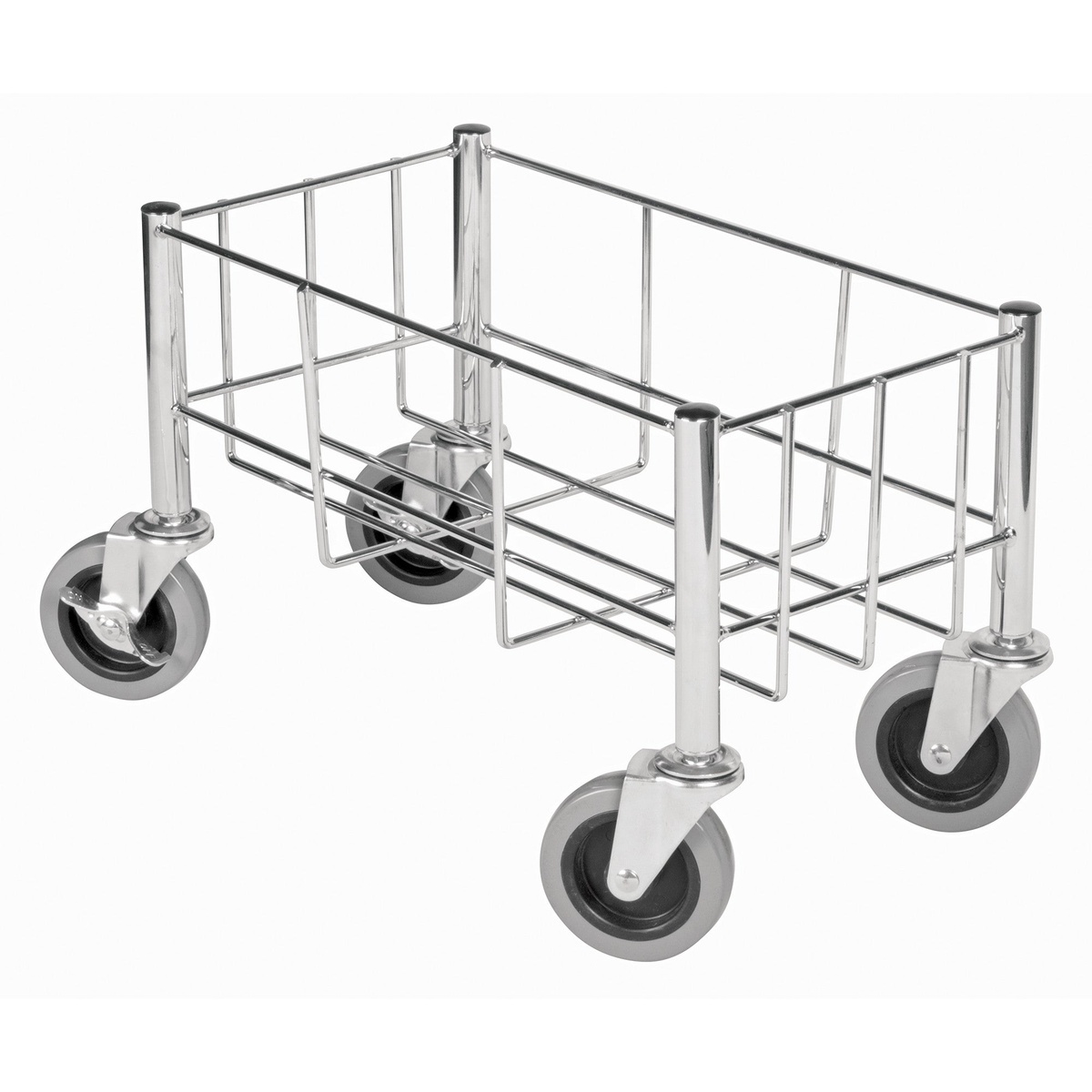 Winco DWR-1708 chrome wire trash can dolly with four swivel casters, shown alone