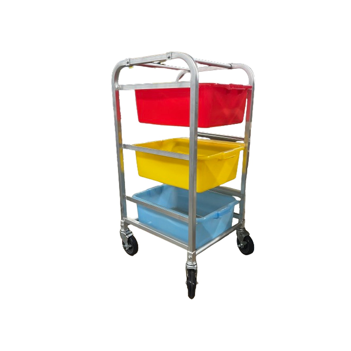 Enhanced E-ABBC-3KD-HD heavy-duty aluminum bus box cart with three colored bus boxes on casters