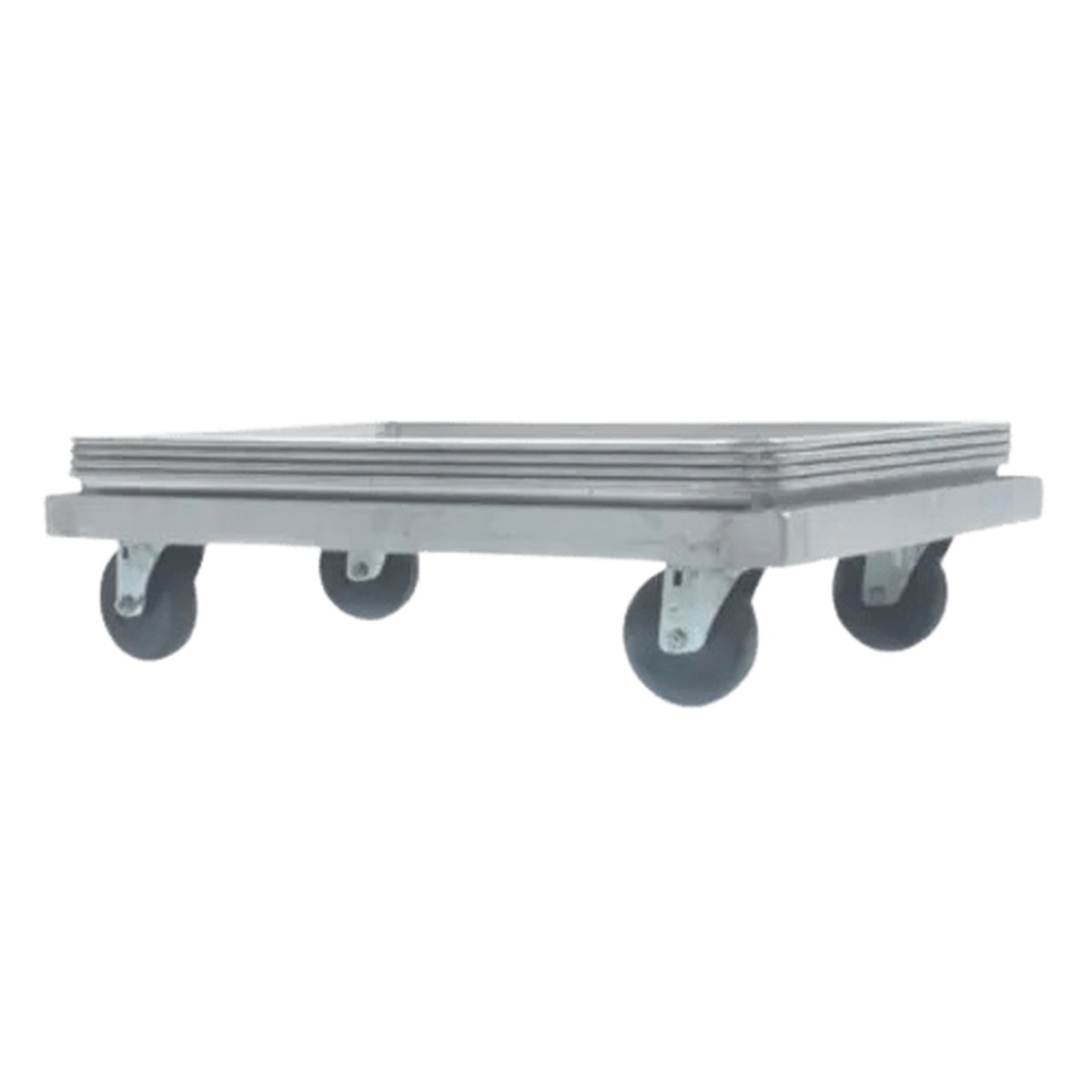 Enhanced E-ABPD-1826 aluminum bun pan dolly with five swivel casters and stacked bun pans