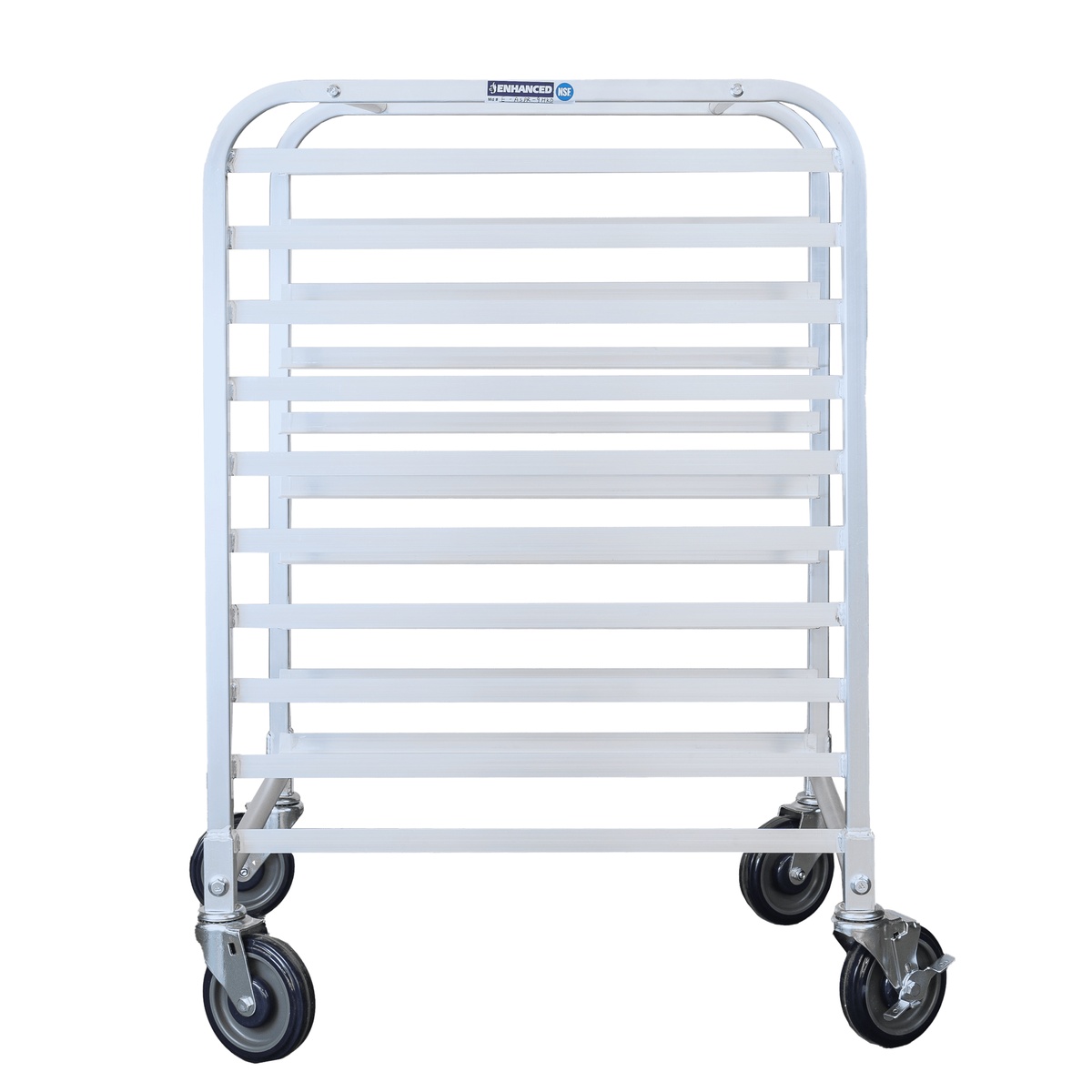 Enhanced sheet pan rack front view showing open frame construction and four casters