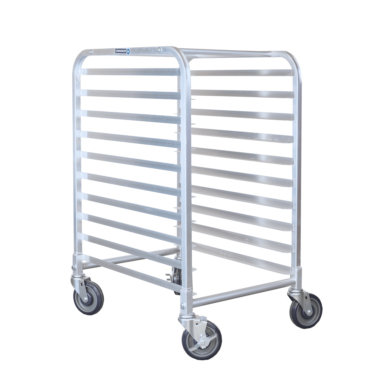 Enhanced aluminum sheet pan rack angled view showing 10 tiers and swivel casters
