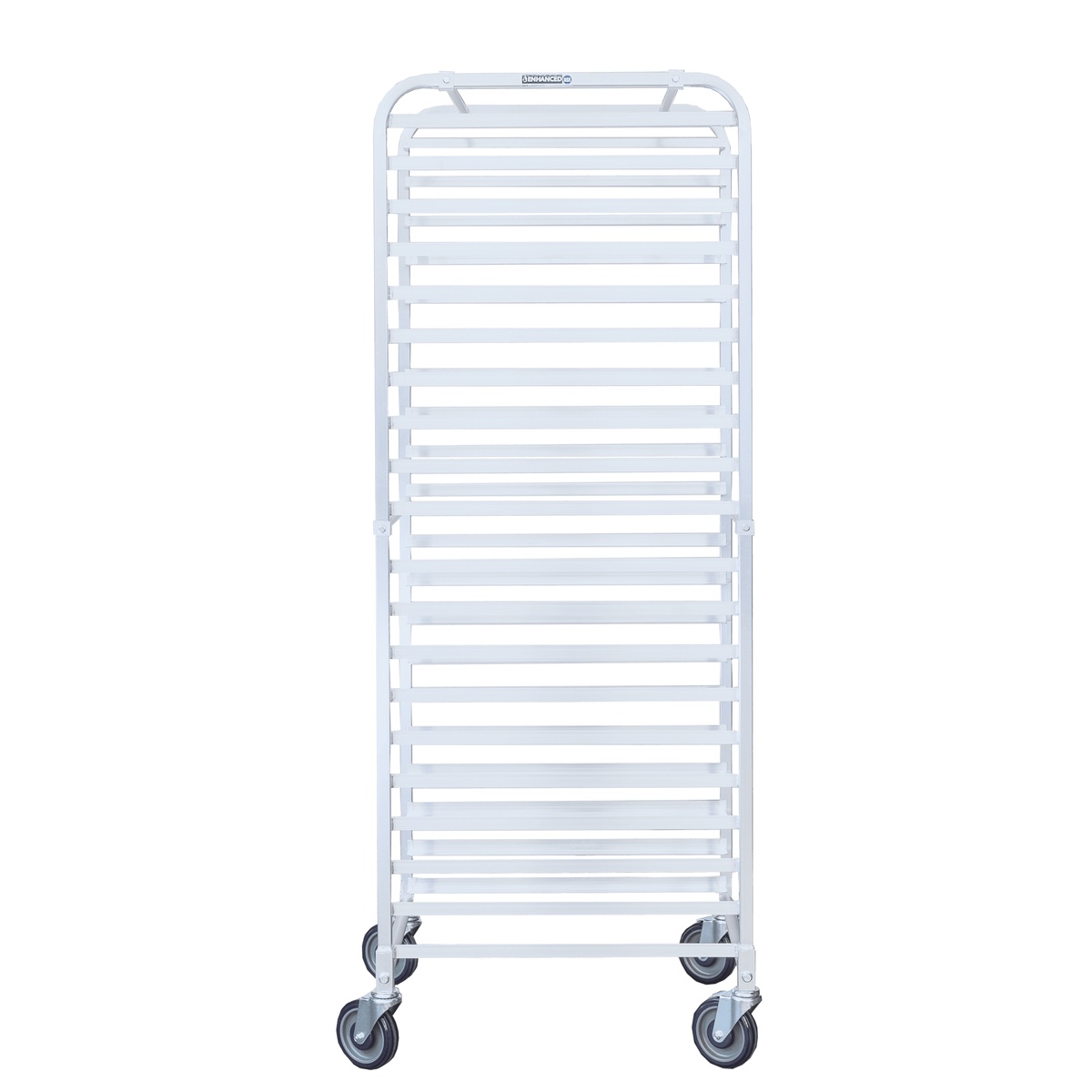E-ASPR-20KD sheet pan rack front view showing uniform tiers and four polyurethane swivel casters with brake