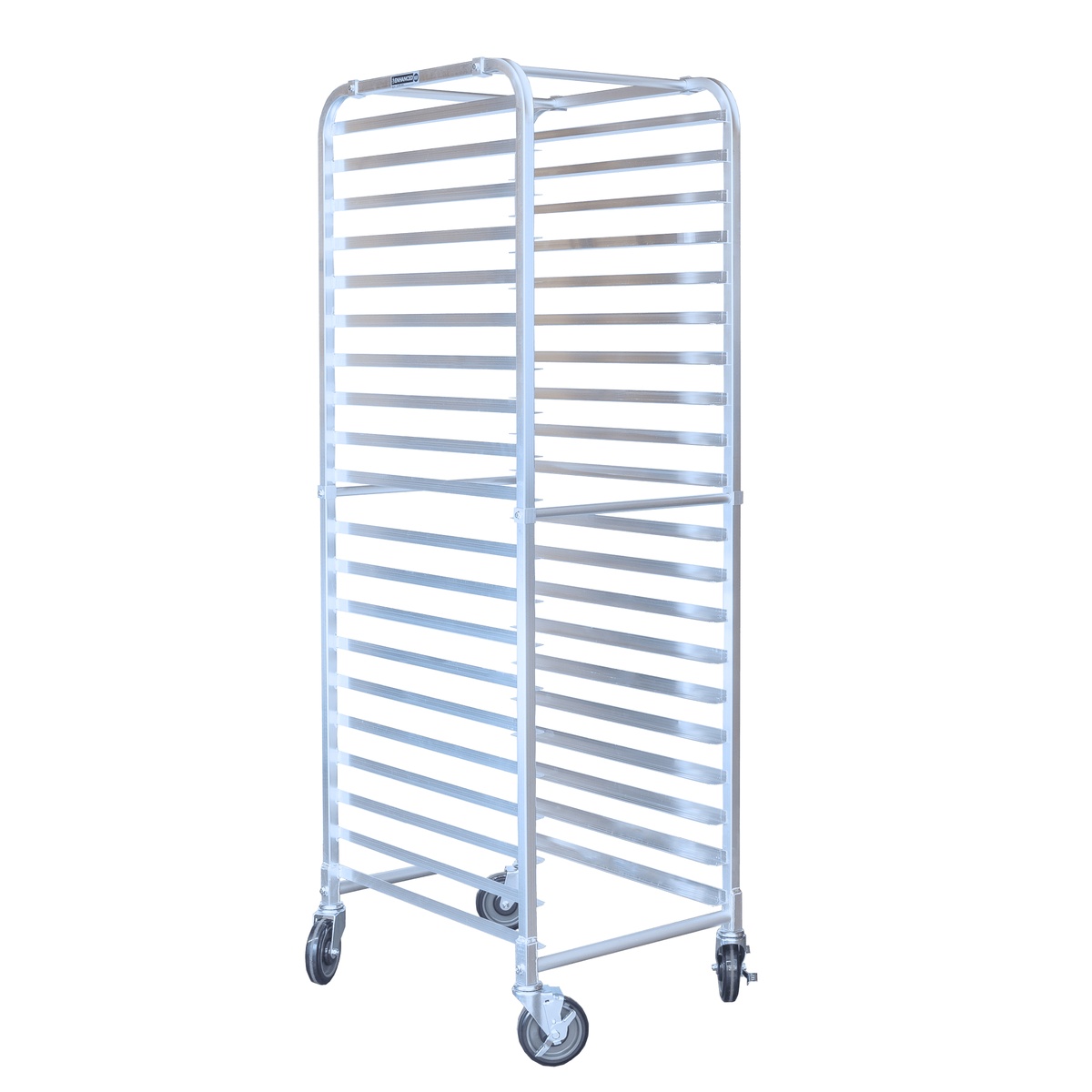 E-ASPR-20KD aluminum sheet pan rack angled view showing 20 tiers and polyurethane swivel casters