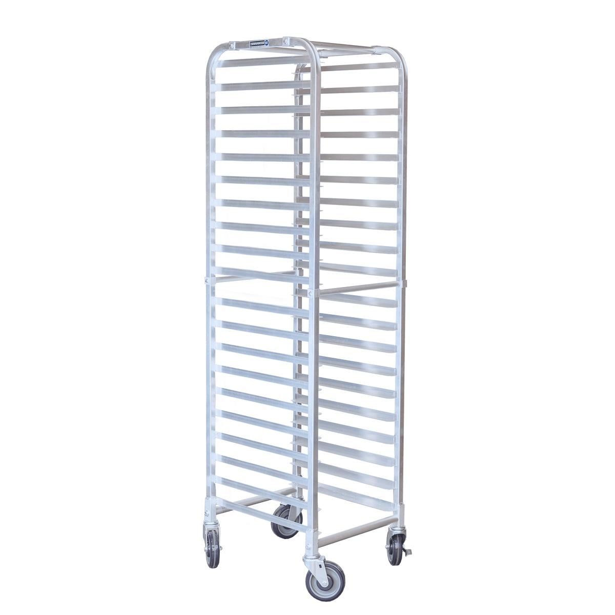 Enhanced E-ASTPR-20KD aluminum steam table pan rack angled view with swivel casters