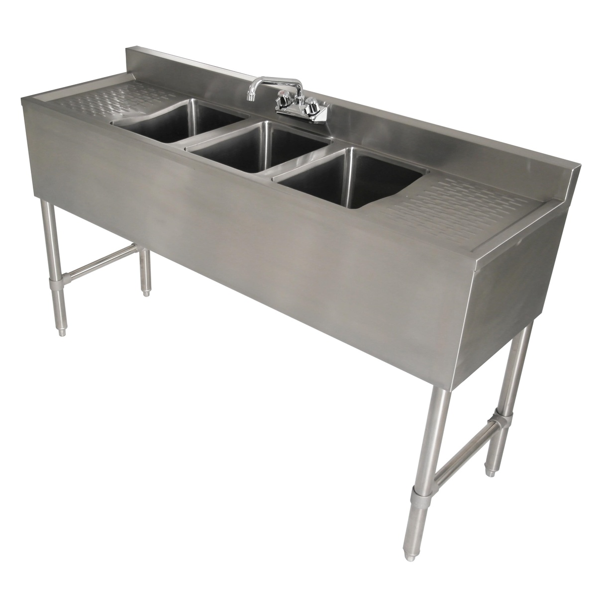 Enhanced E-BAR3B60-LR stainless steel 3-bowl bar sink with left and right drainboards and swivel faucet