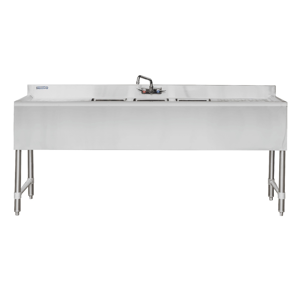 E-BAR3B72-LR 72-inch bar sink front elevation view showing full width, drainboards on both sides, and stainless steel leg assembly