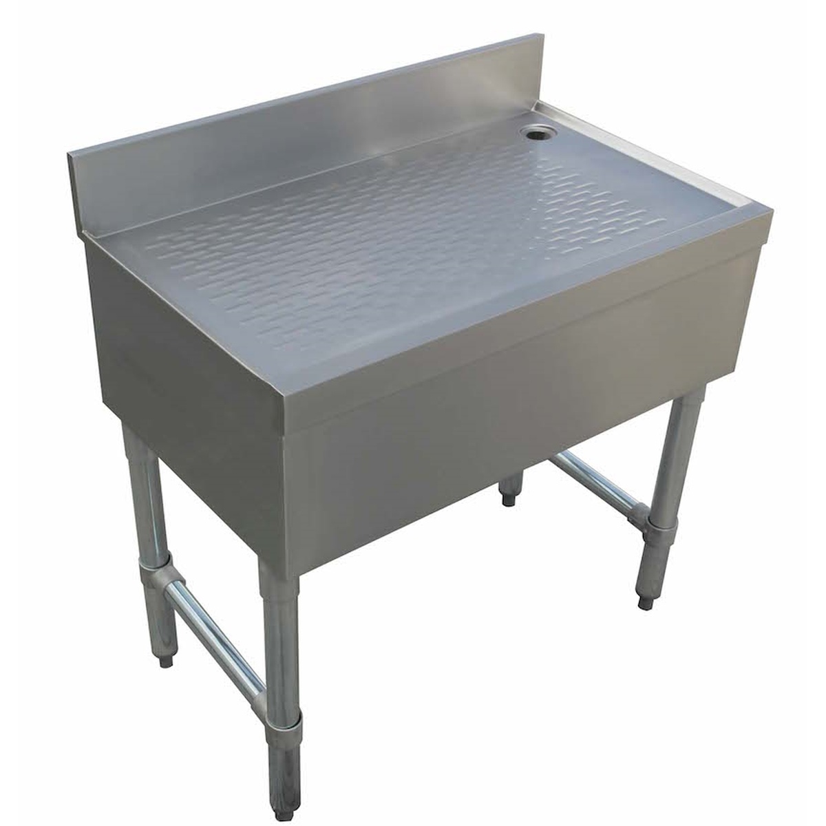 Enhanced E-BDU-1824 stainless steel bar drainboard unit with grooved deck, 3-inch backsplash, open base, SS legs, and H-shaped leg brace