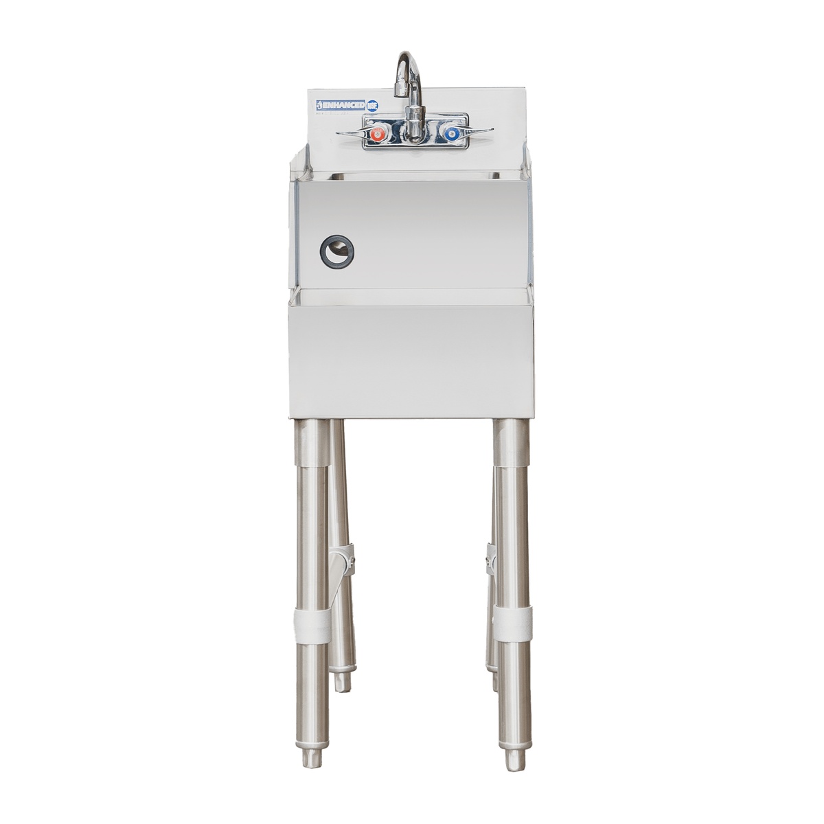 E-BSDS-2312 Enhanced Blender Station front view highlighting grommet hole for power cords and galvanized leg brace