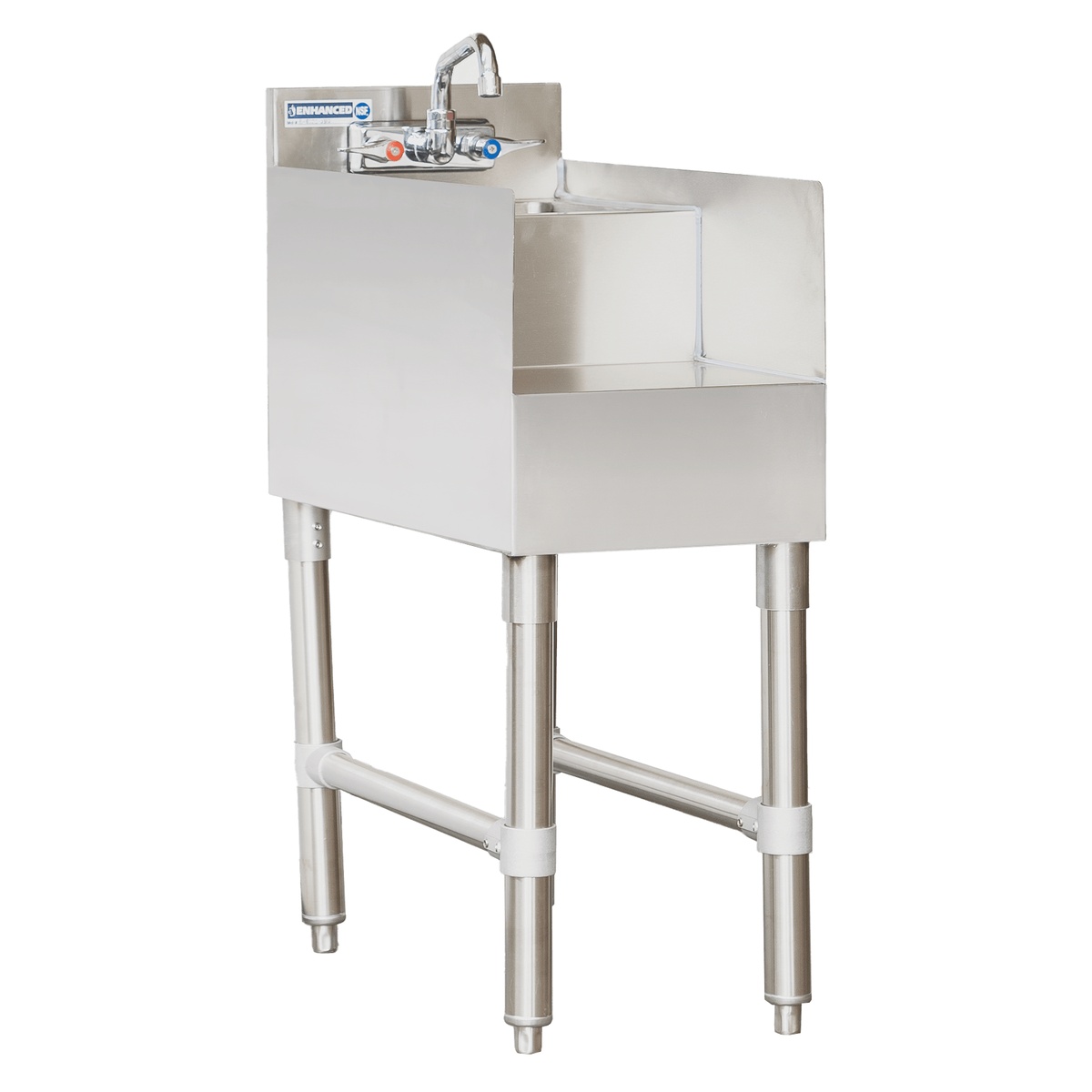 E-BSDS-2312 Enhanced Blender Station angled view showing dump sink, backsplash, stainless steel sides, and H-brace leg assembly