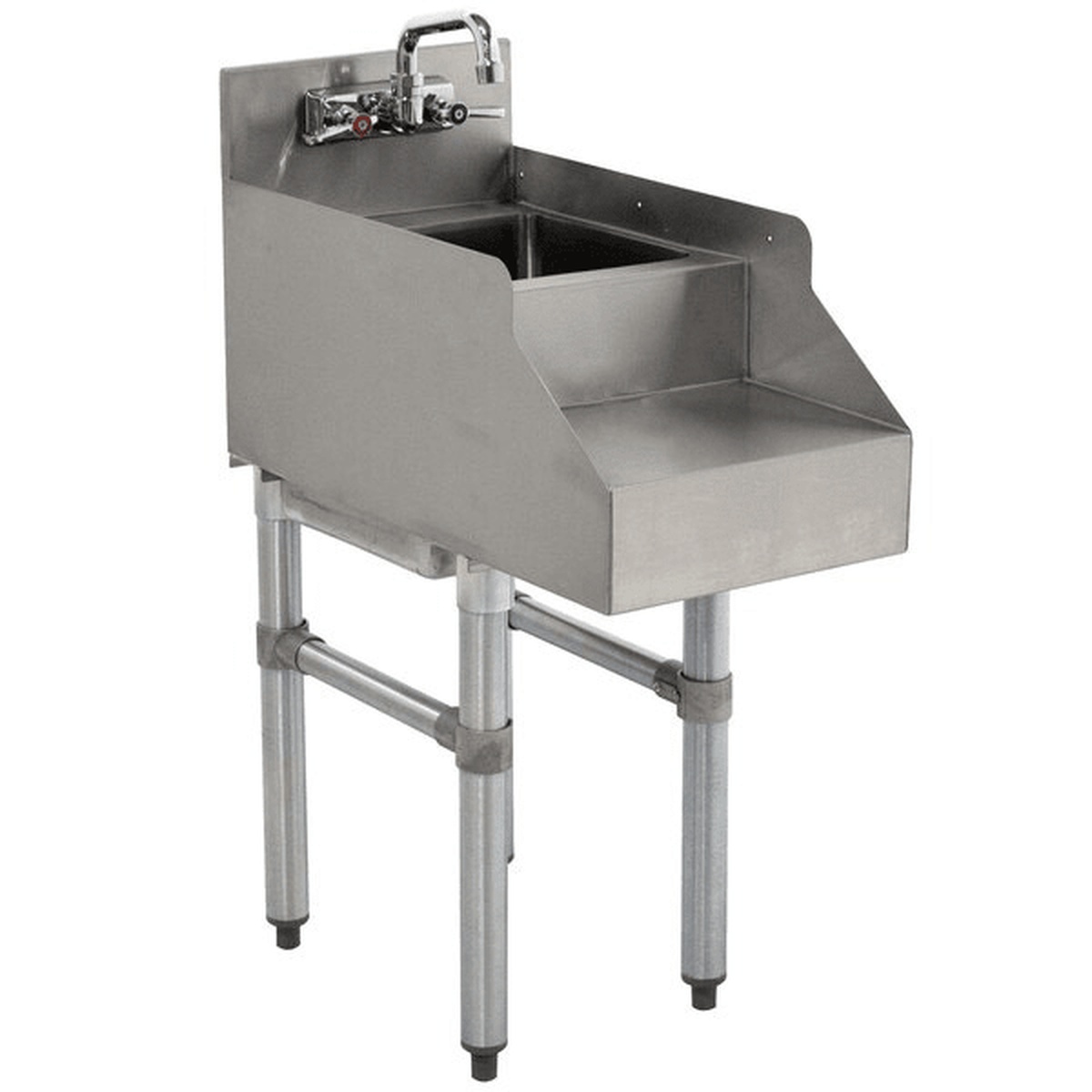 E-BSDS-2315 Enhanced stainless steel under bar blender station with dump sink, recessed step, backsplash, and adjustable legs