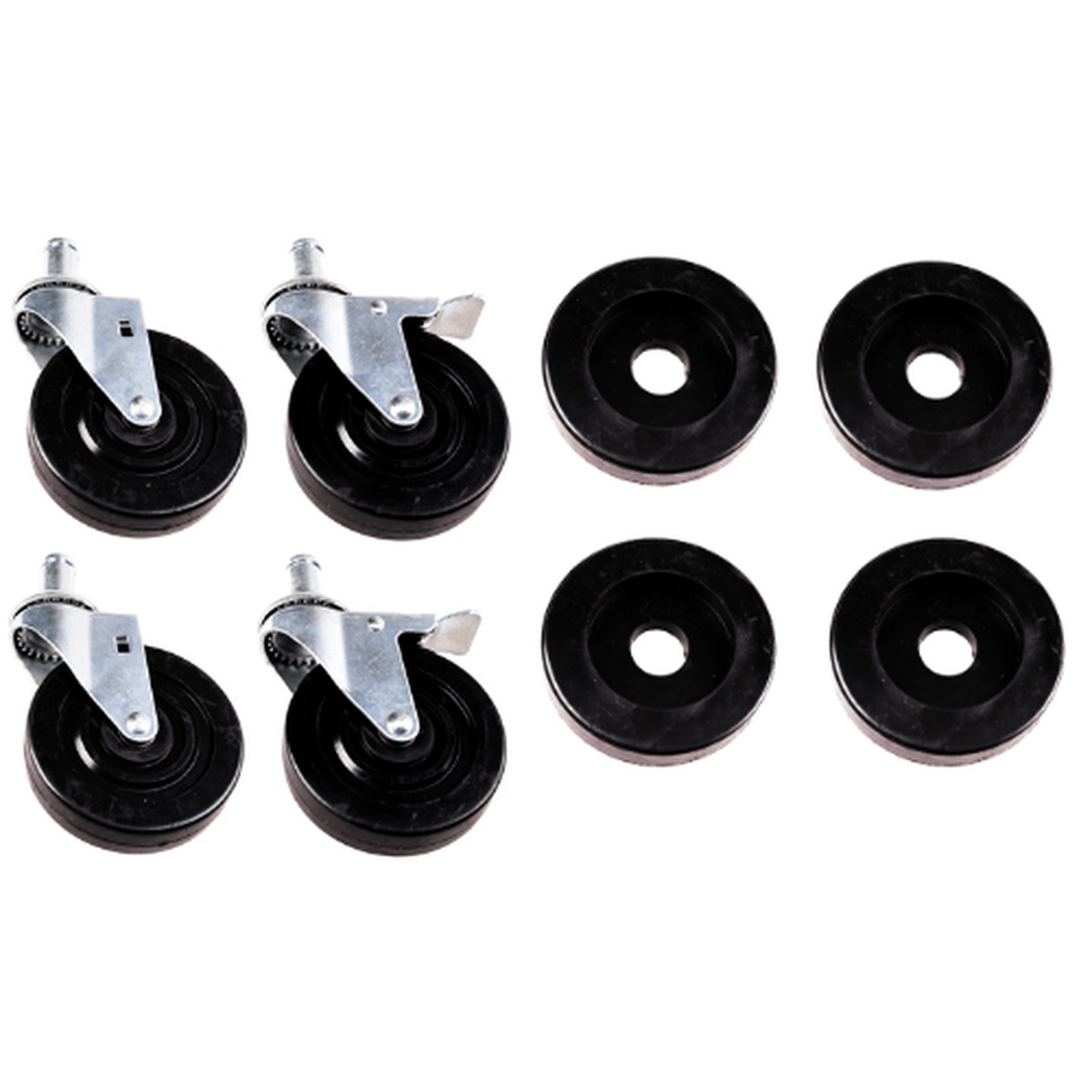 Enhanced 5-inch caster set showing four swivel casters with brake mechanisms and four round stem collars