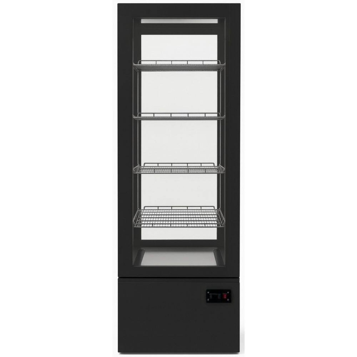 Front view of black refrigerated display case with multiple wire shelves