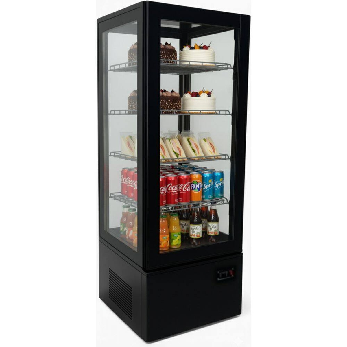 Black four-sided glass refrigerated display case stocked with drinks and desserts