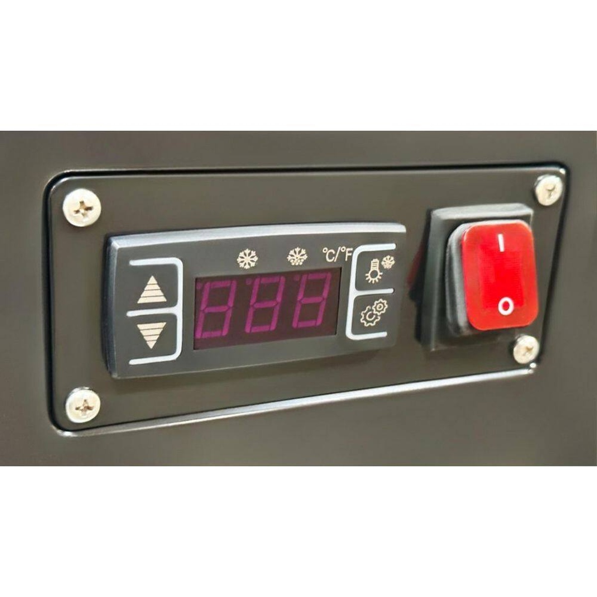 Close-up of digital temperature control panel and power switch on refrigerated display case