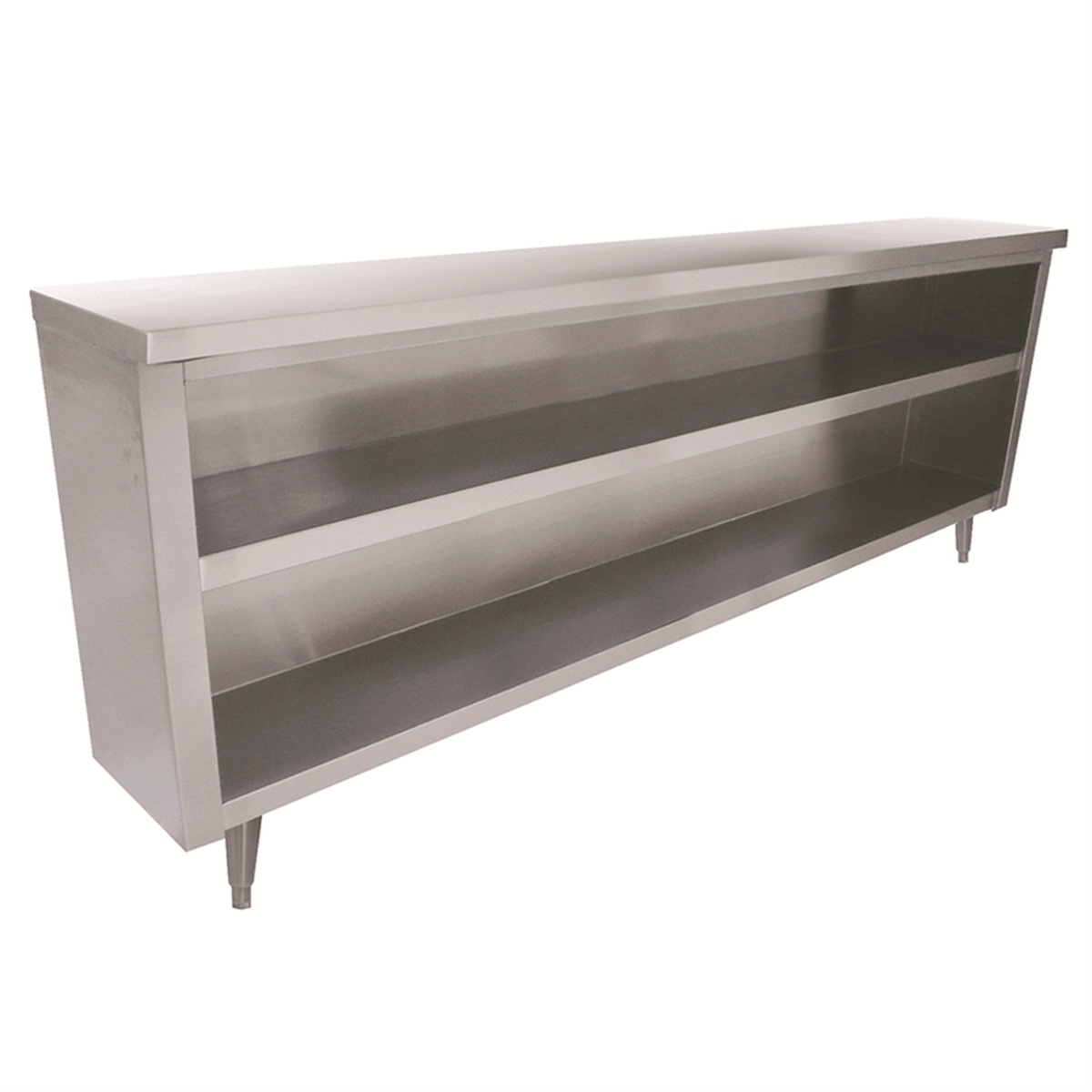 Enhanced stainless steel open-front cabinet with middle shelf and adjustable feet, 15D x 60W x 36H inches