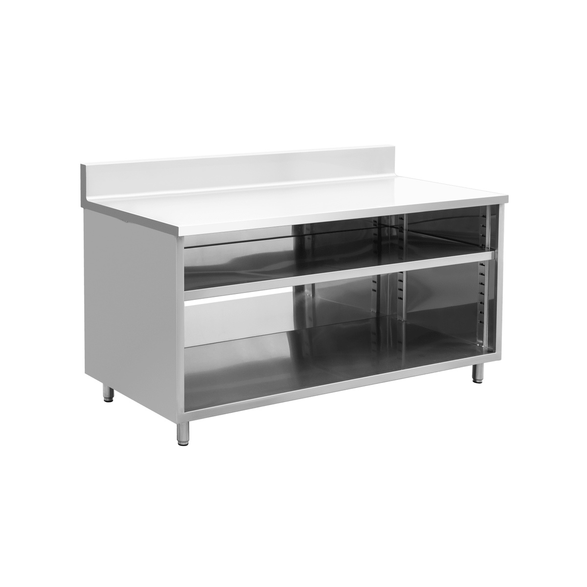 Enhanced stainless steel open-front cabinet with backsplash, intermediate shelf, and stainless bullet feet