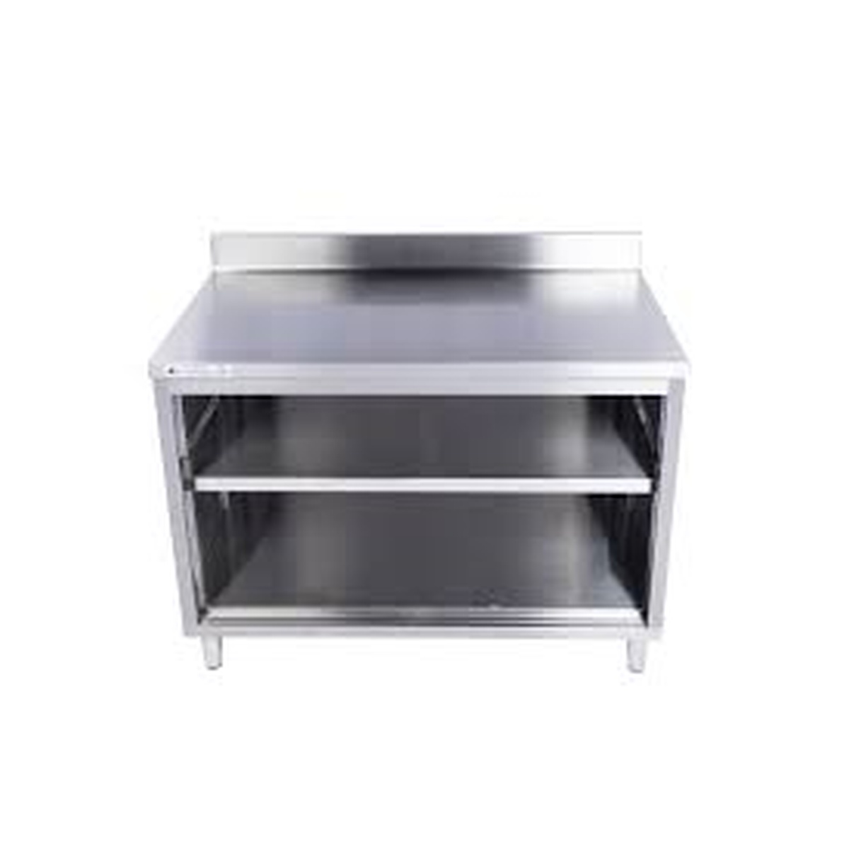 Enhanced stainless steel open-front cabinet with intermediate shelf and 2-inch backsplash, 24-inch depth by 72-inch width