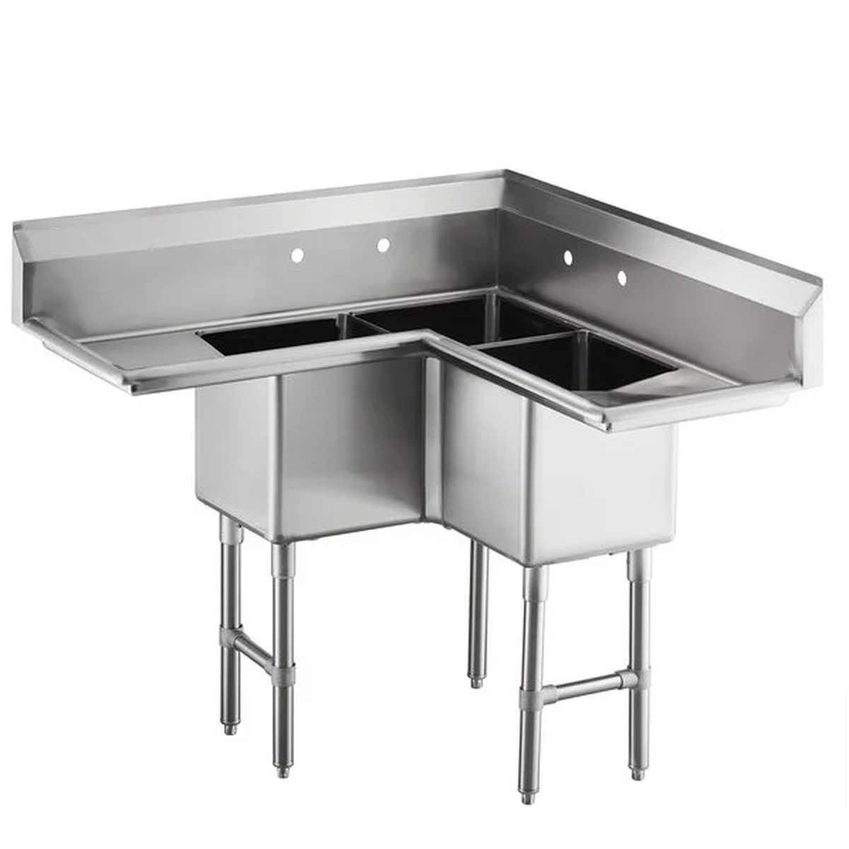 Enhanced stainless steel corner sink with 3 compartments and left and right drainboards on H-shaped legs