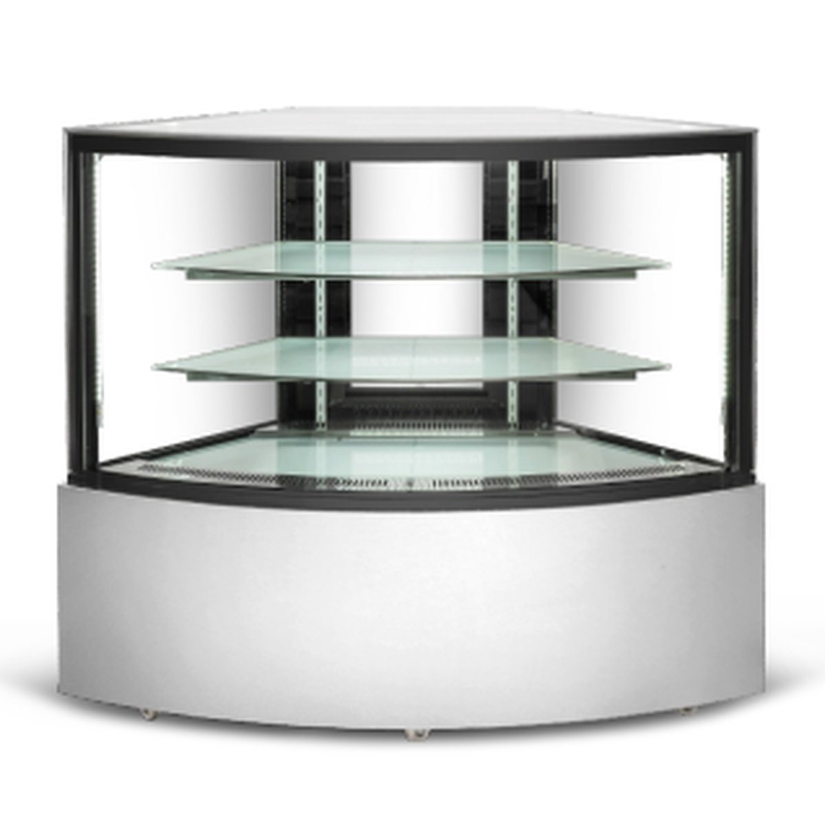 E-CW-350C Enhanced corner refrigerated display case with curved glass panels and three glass shelves on a stainless steel base