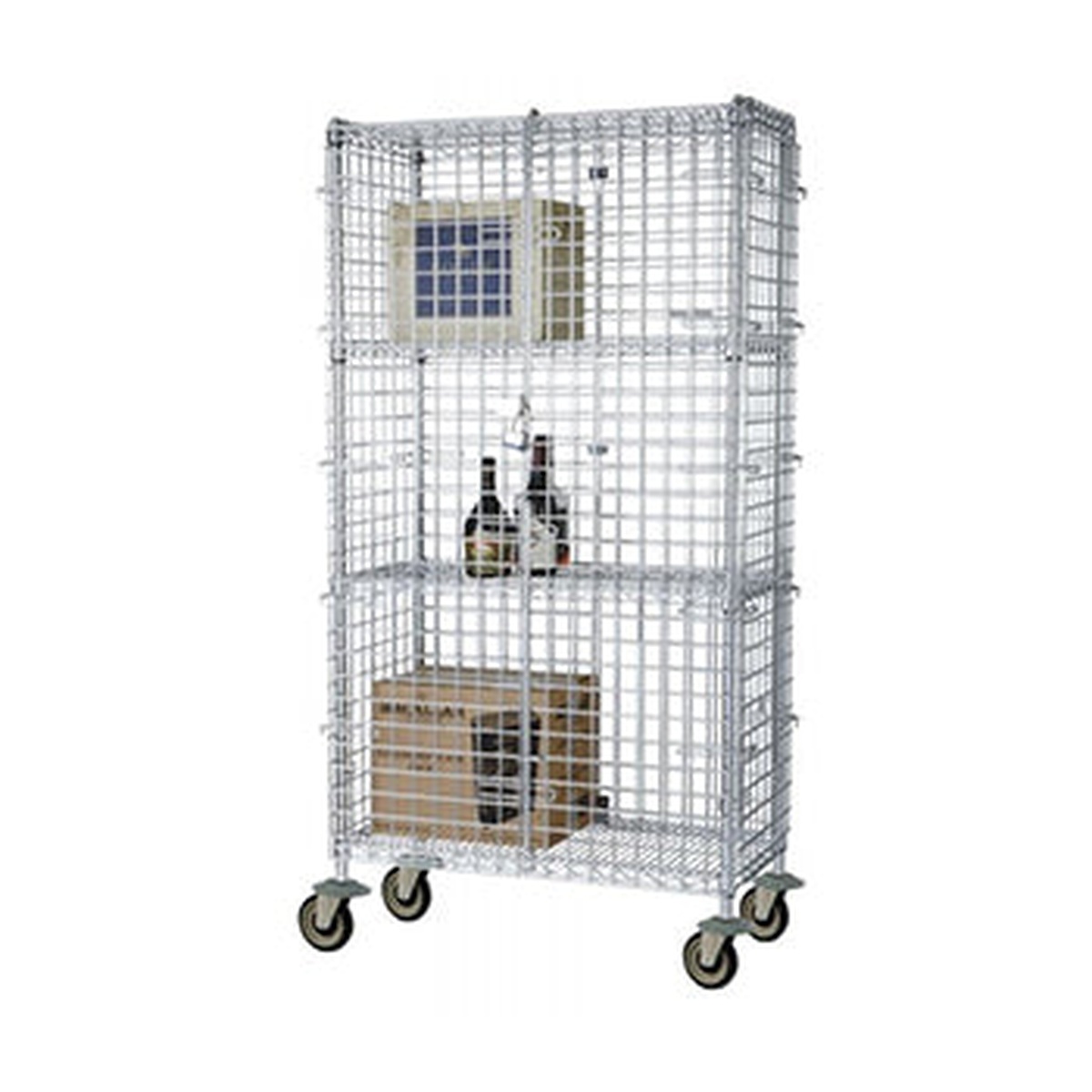 E-CWSC-2460 Enhanced chrome wire security cage assembled with multiple shelves and door panels