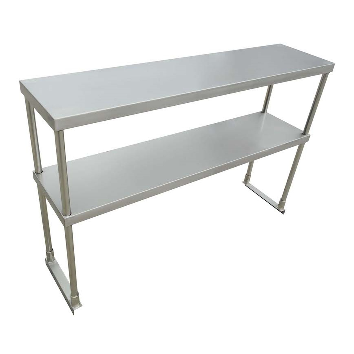 Enhanced E-DOS-1261 stainless steel double tier overshelf with two wide shelves and four legs with welded brackets