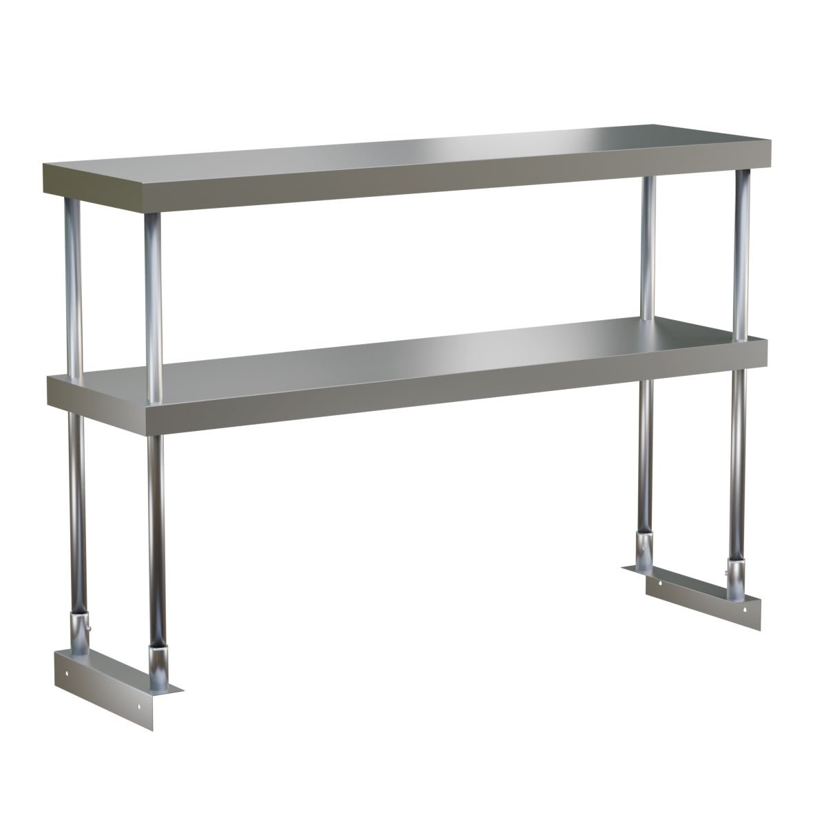 Enhanced E-DOS-PT1448 double tier stainless steel over shelf for prep table, showing two horizontal shelves supported by adjustable tubular legs with rear mount brackets