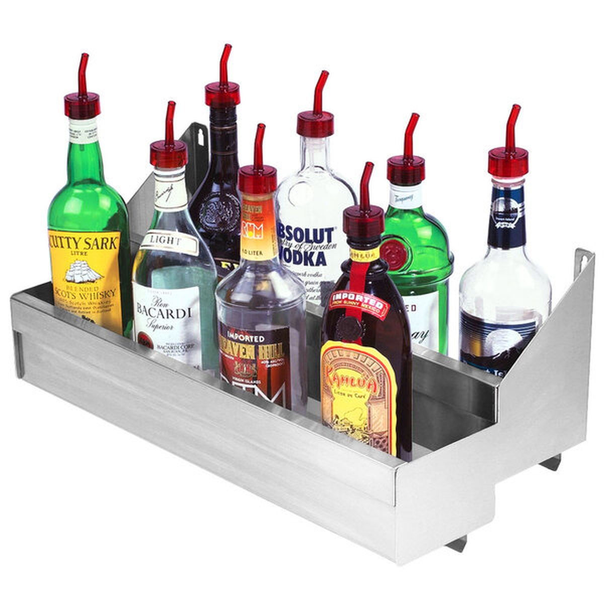 Enhanced E-DSR3-24X stainless steel double speed rail holding assorted liquor bottles with pour spouts