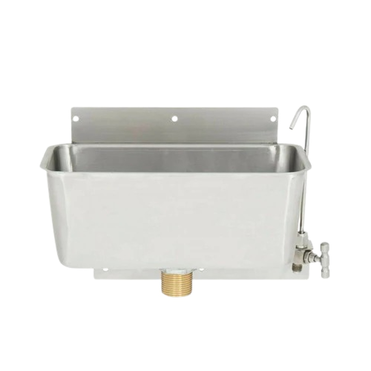 Enhanced E-DW-11SWD stainless steel dipper well with brass faucet, overflow pipe, and bottom drain on white background